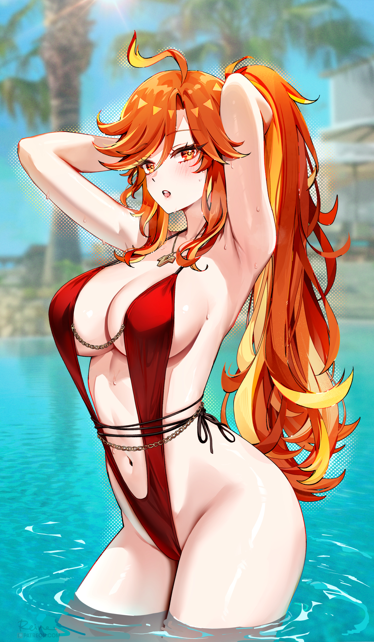 ai generated, bathing, bikini, foxyreine, genshin impact, hoyoverse, mavuika (genshin impact), ponytail, red hair