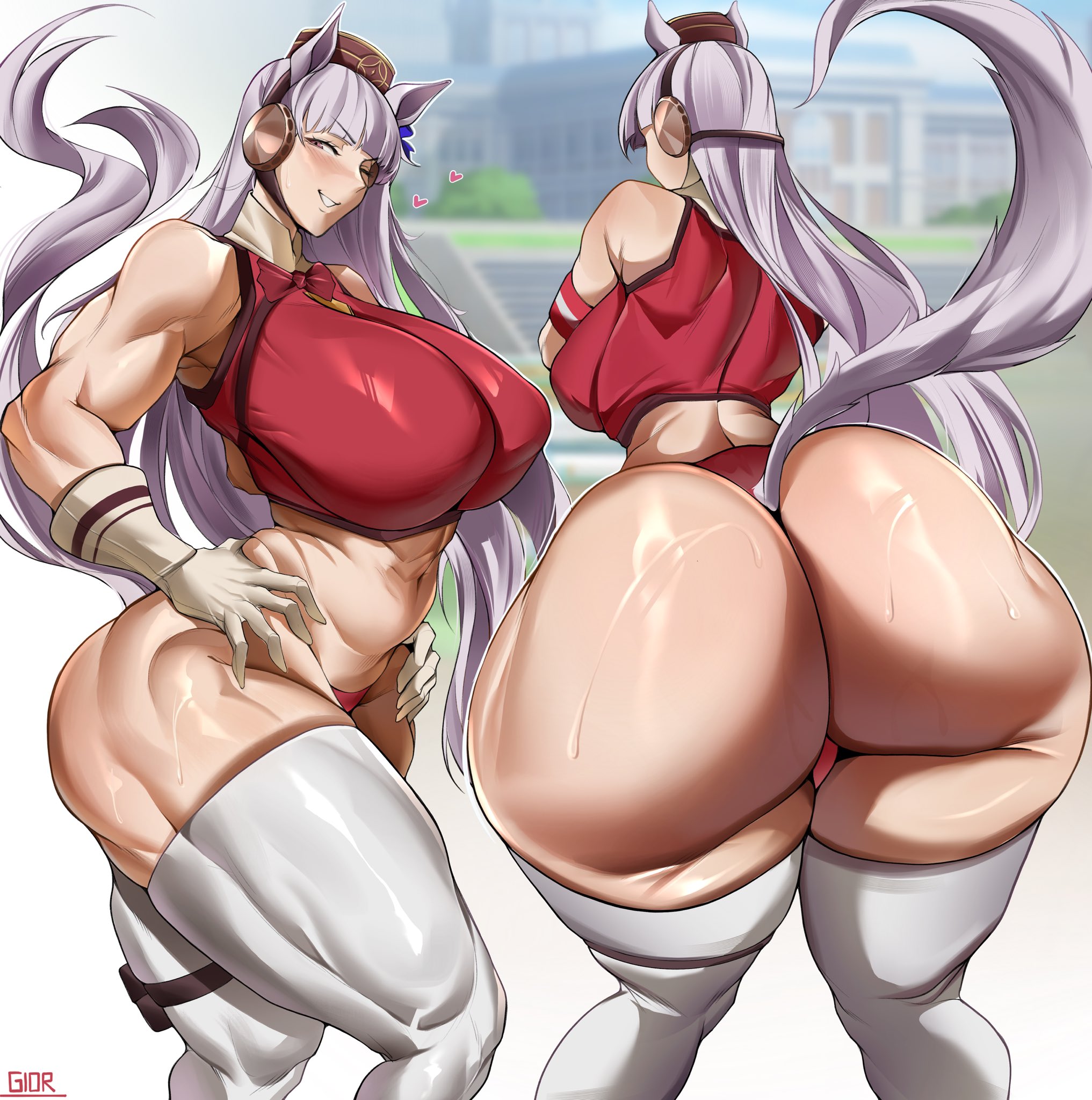 1girls, animal ears, ass, ass focus, big ass, big breasts, big thighs, breasts, bubble butt, clothing, easy access, enormous ass, fat ass, female, female only, gigantic ass, gigantic breasts, gigantic thighs, gior dannn, gloves, gold ship (umamusume), heart, horse ears, horse girl, horse tail, huge ass, huge breasts, huge thighs, hyper, hyper ass, hyper breasts, hyper thighs, large ass, legs, legwear, long hair, massive ass, muscles, muscular, muscular abs, muscular arms, muscular biceps, muscular female, muscular legs, muscular shoulders, muscular thighs, no panties, perfect body, perfection, rare, rear view, round ass, solo, solo female, sweat, sweatdrop, sweating, tail, thick, thick ass, thick thighs, thighs, umamusume, voluptuous, voluptuous female, white hair, white tail, wide hips, wobbling ass