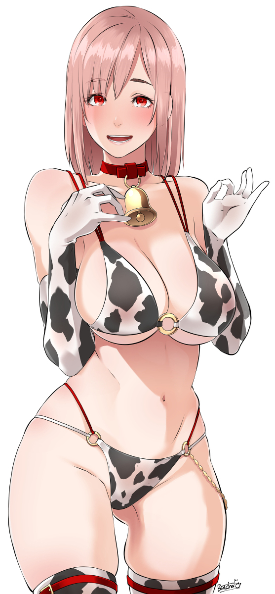 1girls, animal print, ass visible through thighs, bell collar, big breasts, blush, blushing, breasts, butcha-u, collar, collarbone, cow girl, cow print, cow print bikini, dead or alive, dead or alive 5, dead or alive xtreme venus vacation, female, hair down, highres, honoka (doa), large breasts, o-ring, o-ring bikini, o-ring bottom, o-ring top, pink hair, smile, solo, thick ass, thick thighs, thigh gap, thighhighs, thin waist