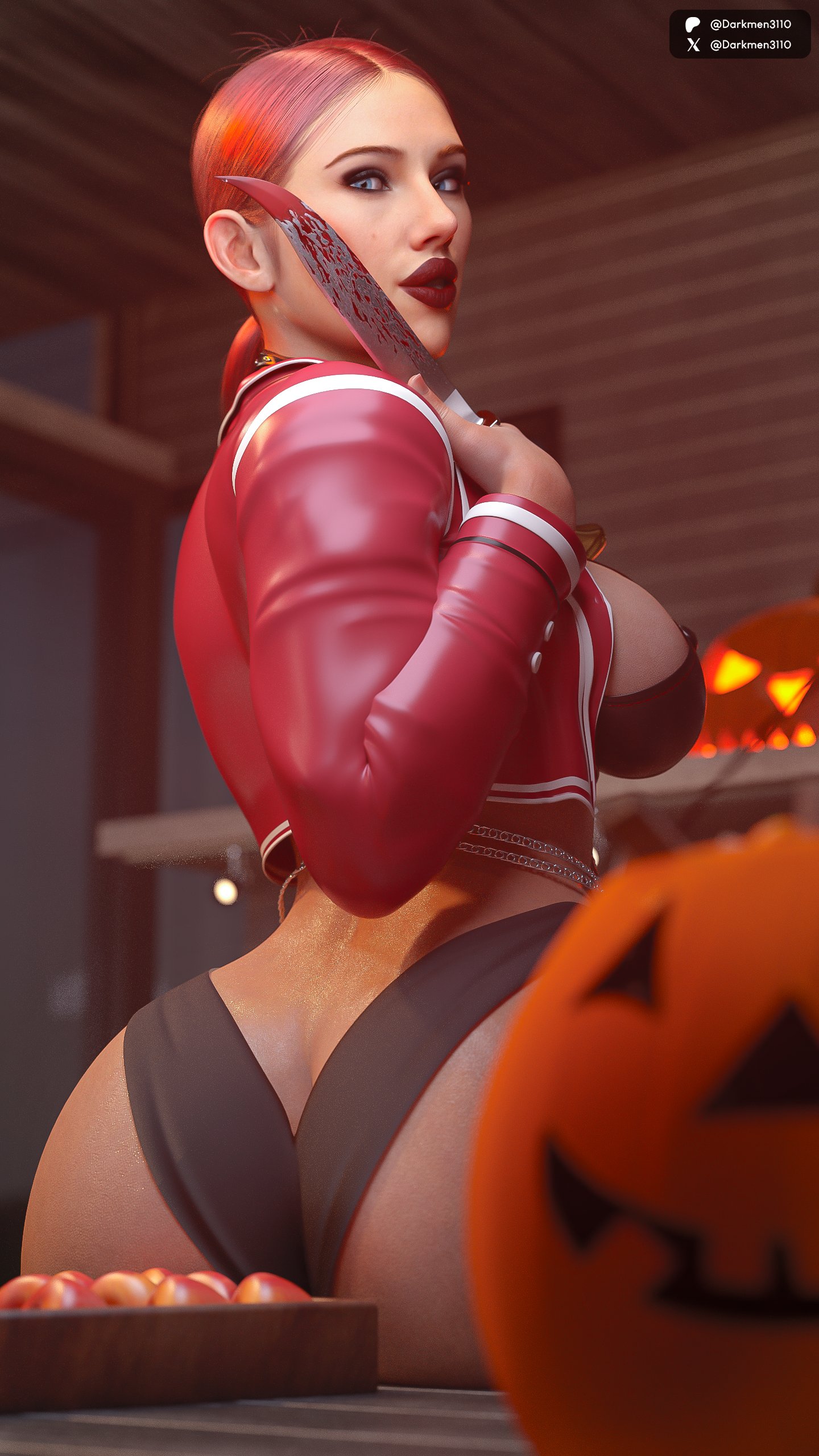 1girls, 2025, 3d, alternate version available, ass, auburn hair, avengers, bikini bottom, bikini over clothes, bikini top, black widow (marvel), bloody knife, blue eyes, body harness, breasts, collar, curvaceous, curvaceous female, darkmen3110, detailed background, erect nipples, erect nipples under clothes, female, female only, halloween, halloween bucket, holding knife, holding object, huge ass, image set, indoors, jack-o'-lantern, knife, leather jacket, long hair, looking at viewer, marvel, marvel cinematic universe, natasha romanoff, pokies, ponytail, pumpkin, scarlett johansson, sitting, sitting on table, solo, tied hair