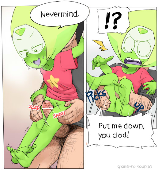 :3, !, 1boy, 1girls, alien, alien girl, alien/human, ass, ass grab, barefoot, blush, bottomless, carrying, censored, comic, drooling, duo, english, english text, feet, female, flat chest, gem (species), gnome-no, green hair, green skin, hairless pussy, human, interspecies, larger male, leg grab, male, male/female, motion lines, outercourse, penis, peridot (steven universe), pussy, sex, shirt, size difference, smaller female, soles, solo focus, sound effects, speech bubble, steven universe, straight, surprised, sweat, t-shirt, text, thigh sex, toes, tribadism on penis, unseen male face, vagina, visor, wide eyed