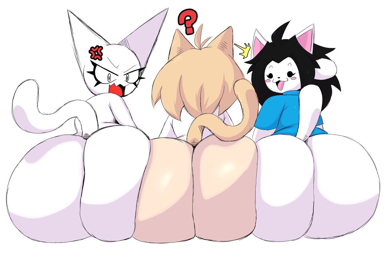 2025, absurd res, annoyed, anthro, arthurclaws, ass, ass to ass, big, big ass, big butt, black hair, blonde hair, blue clothing, blue shirt, blue topwear, bob (undertale), bottomless, bottomless anthro, bottomless female, bottomless humanoid, canid, catgirl, clothed, clothing, cross-popping vein, crossover, digital media (artwork), domestic cat, eyelashes, feladrine, felid, felid humanoid, felisahoge, female, femtanyl, fur, furry, group, hair, hi res, higher resolution available, hindquarters, huge, huge ass, huge butt, humanoid, large ass, large butt, looking at viewer, looking back, mammal, mammal humanoid, neco-arc, nude, open :3, presenting, question, rear, shaded, shirt, simple background, smile, tail, temmie, temmie (undertale), thick ass, token (femtanyl), topwear, trio, tsukihime, type-moon, undertale, undertale (series), view, white background, white body, white clothing, white ears, white fur, white shirt, white topwear, yellow tail