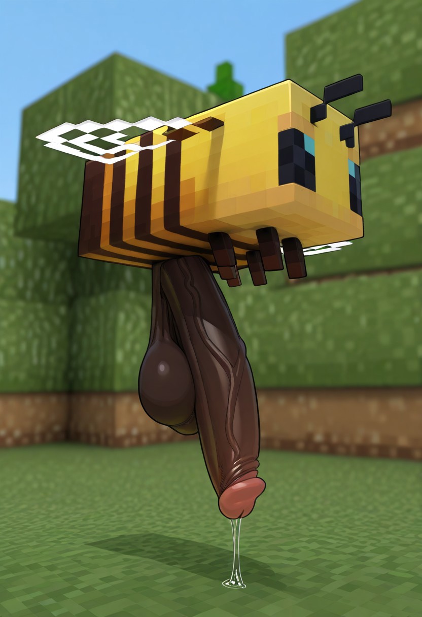ai, ai generated, antennae (anatomy), ball with hyper features, balls, bee, bee (minecraft), block head, blocky body, cum dripping from penis, disproportionate genitalia, foreskin, huge balls, huge cock, hyper penis, insects, large penis, long penis, low hanging balls, male, minecraft, mojang, penis, sagging balls, scrotum, small but hung, solo, stinger, stinger penis, uncircumcised, veiny penis, wings
