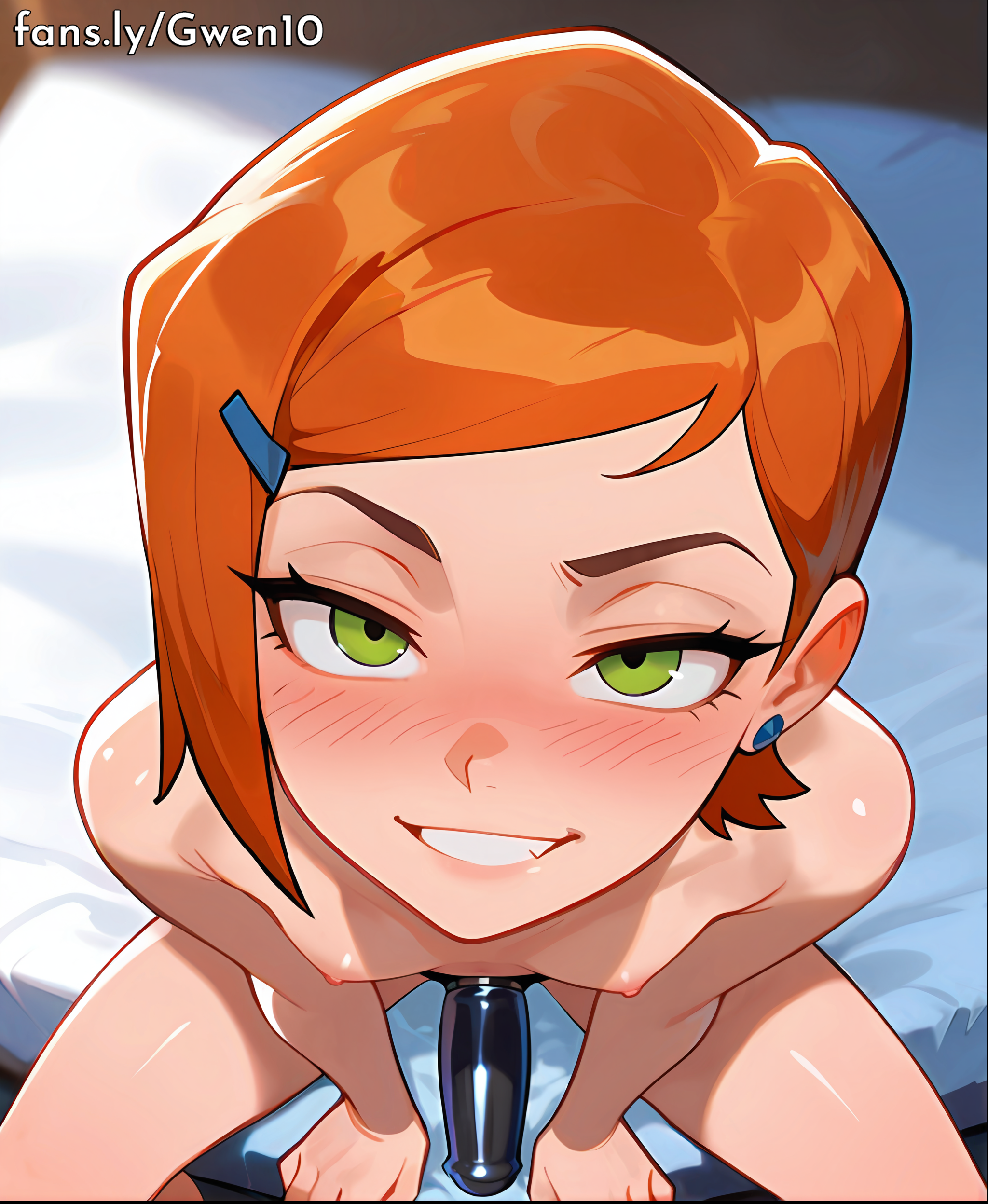 1girls, ai generated, ben 10, female, femdom, green eyes, gwen tennyson, gwen10, looking at viewer, naked, nude, orange hair, sex toy, small breasts, smirk, smirking, solo, solo female, strap-on, tagme, viewed from above