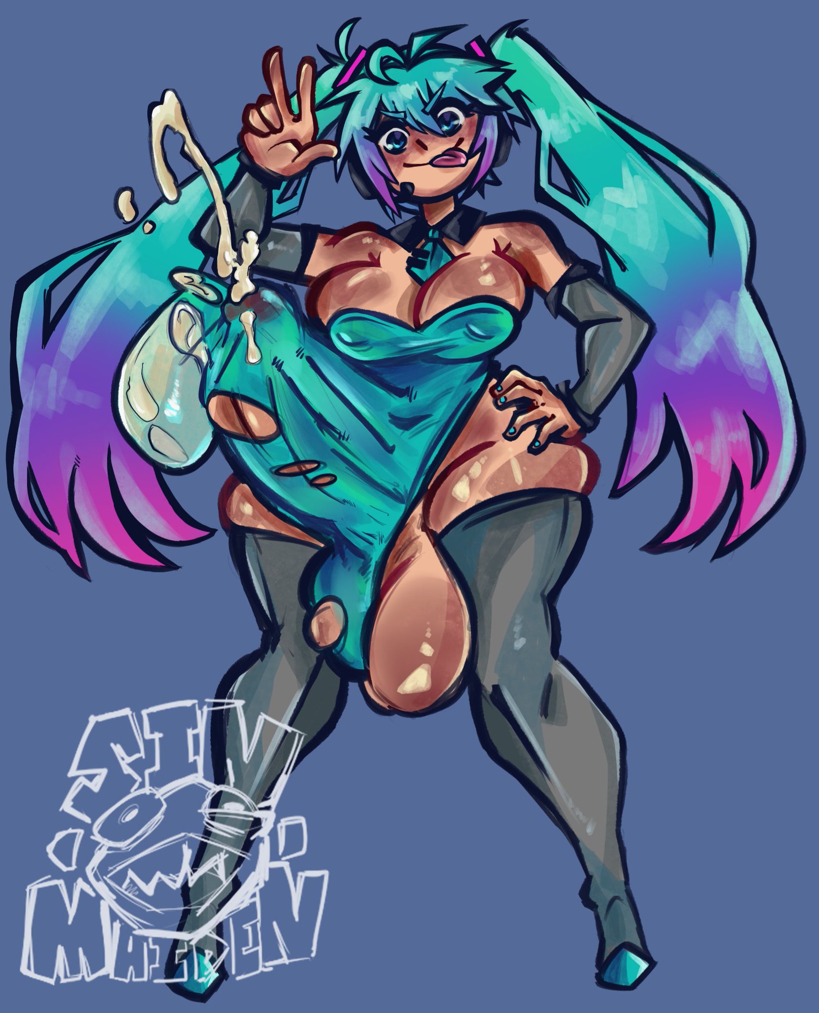 :p, 1girl, aqua eyes, aqua hair, aqua necktie, areola slip, bare shoulders, blue eyes, boots, breasts, bunnysuit, cleavage, condom, condom on penis, covered nipples, cum, dark skin, detached collar, detached sleeves, ejaculation, erection, erection under clothes, full body, futanari, gradient hair, hand on hip, hatsune miku, huge penis, large breasts, large penis, large testicles, long hair, looking at viewer, multicolored hair, necktie, penis, pink hair, sinmaiden, solo, tagme, tenting, testicles, thick thighs, thigh boots, thighhighs, tongue, tongue out, twintails, used condom, v, very long hair, vocaloid, w