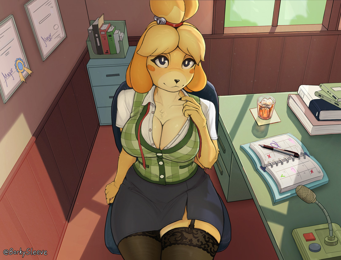 animal crossing, big breasts, borkysleeve, cleavage, female, isabelle (animal crossing), tagme
