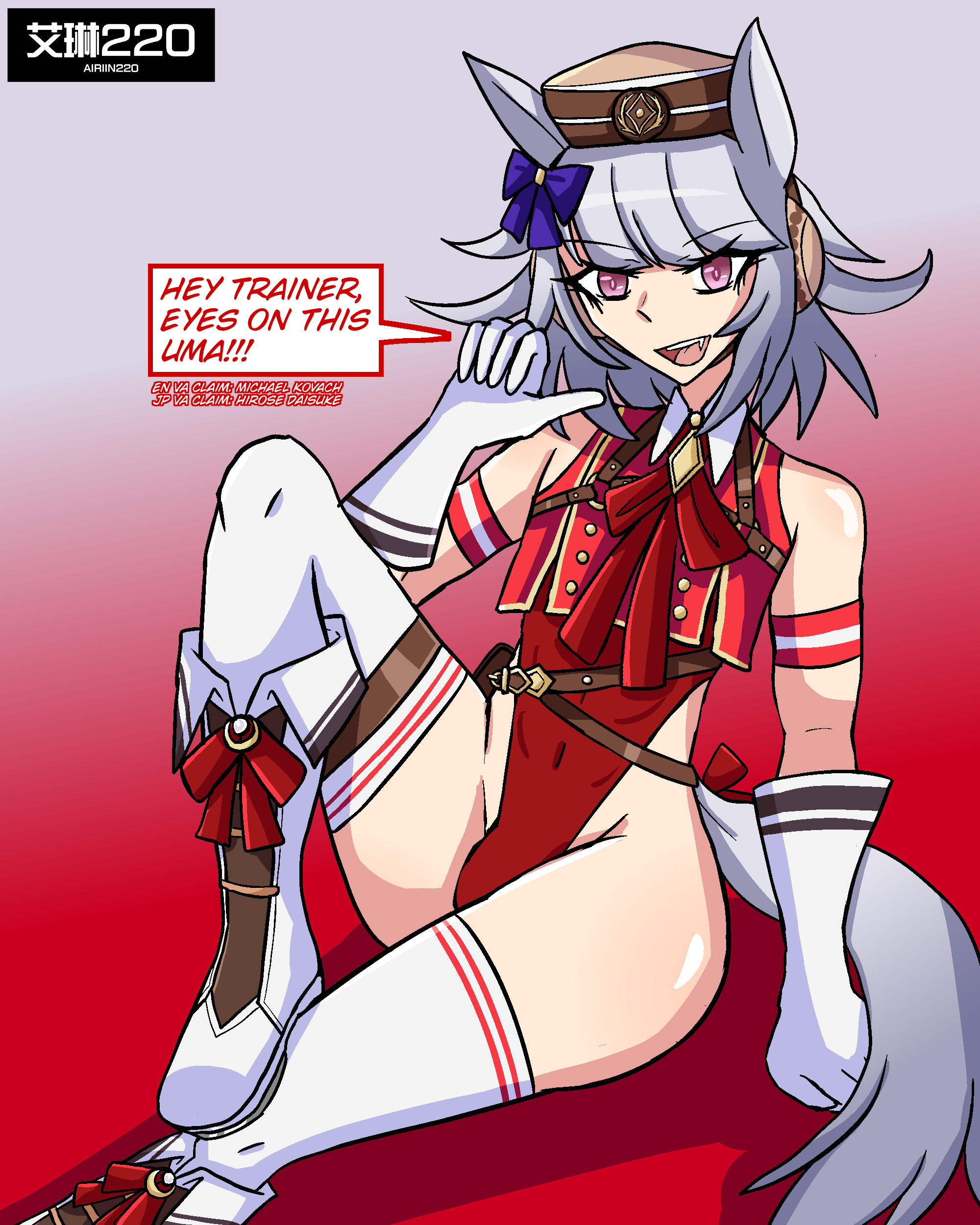 1boy, airiin220, bulge, english commentary, english text, femboy, femboy only, genderswap (ftm), gold ship (umamusume), horse tail, male, male only, pink hair, rule 63, stockings, swimsuit, text, umamusume, umamusume pretty derby