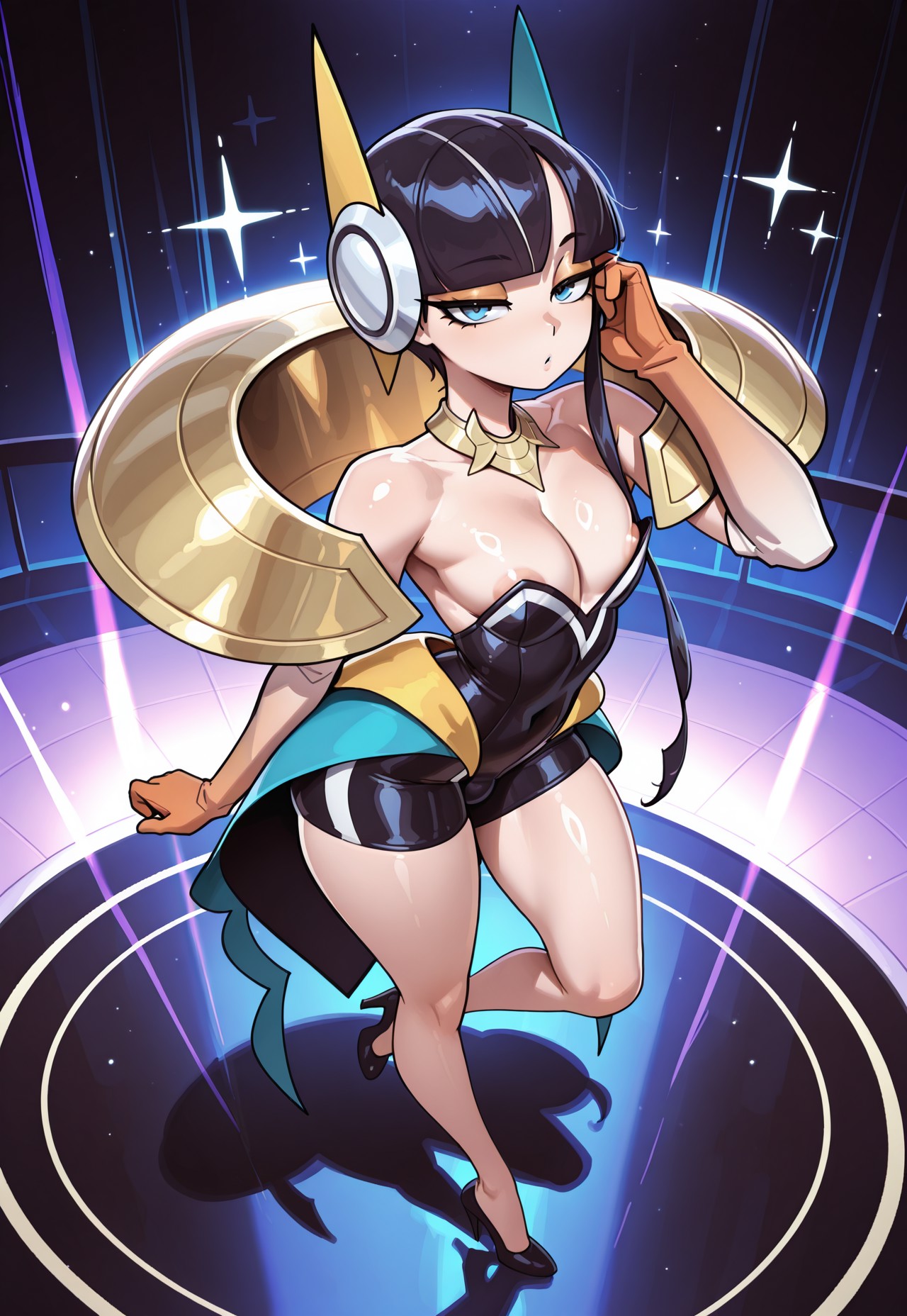 1femboy, 2025, ai generated, areola, areola slip, benero, blue eyes, blush, bulge, crossdressing, elesa (pokemon bw2), elesa (pokemon), femboy, feminine male, full body, genderswap (ftm), girly, high heels, looking at viewer, male, nipples, pectorals, pokemon, rule 63, simple background, solo, standing, trap