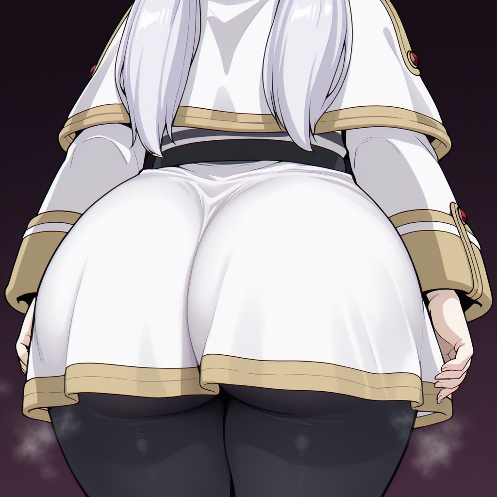 ai generated, ass, ass focus, black background, dark background, elf, female, frieren, frieren beyond journey's end, huge ass, lower body, pantyhose, skirt, smell, steam, thick thighs, white dress