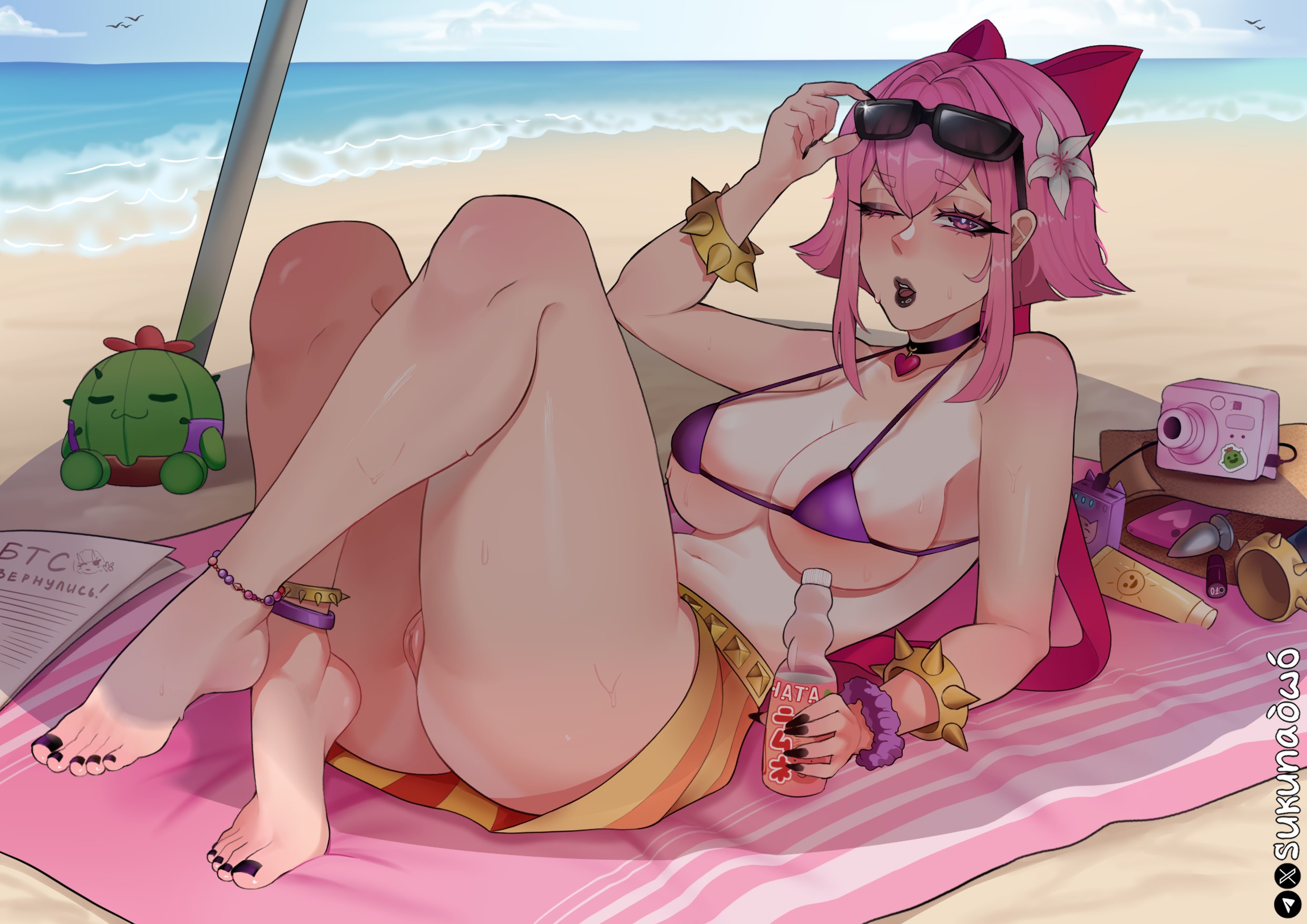 1girls, artist name, ass, beach, beach background, big breasts, bikini, black lipstick, black nails, brawl stars, breasts, choker, eyebrows visible through hair, feet, female, female focus, female only, glasses, glasses on head, hairbow, light skin, light-skinned female, lipstick, melodie (brawl stars), micro bikini, nails, navel, pink eyes, pink hair, pussy, russian text, skirt, solo, solo female, solo focus, sukunaowo, sunglasses, sunglasses on head, sweat, sweaty, sweaty body, text, topwear
