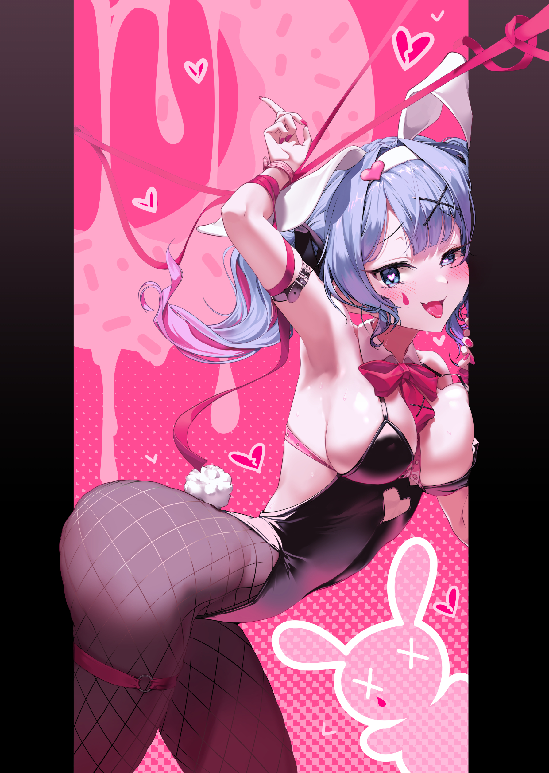 1girl, 1girls, animal ears, armpits, ass, bangs, bboooyong, blue eyes, blue hair, blush, bow, bowtie, breasts, bunnysuit, fake animal ears, fang, fishnet pantyhose, fishnets, hair ornament, hatsune miku, heart, heart-shaped pupils, leotard, long hair, looking at viewer, multicolored hair, open mouth, pantyhose, playboy bunny, rabbit ears, rabbit hole (vocaloid), rabbit tail, ribbon, smile, solo, symbol-shaped pupils, tail, thigh strap, tongue, twintails, virtual youtuber, vocaloid, x hair ornament