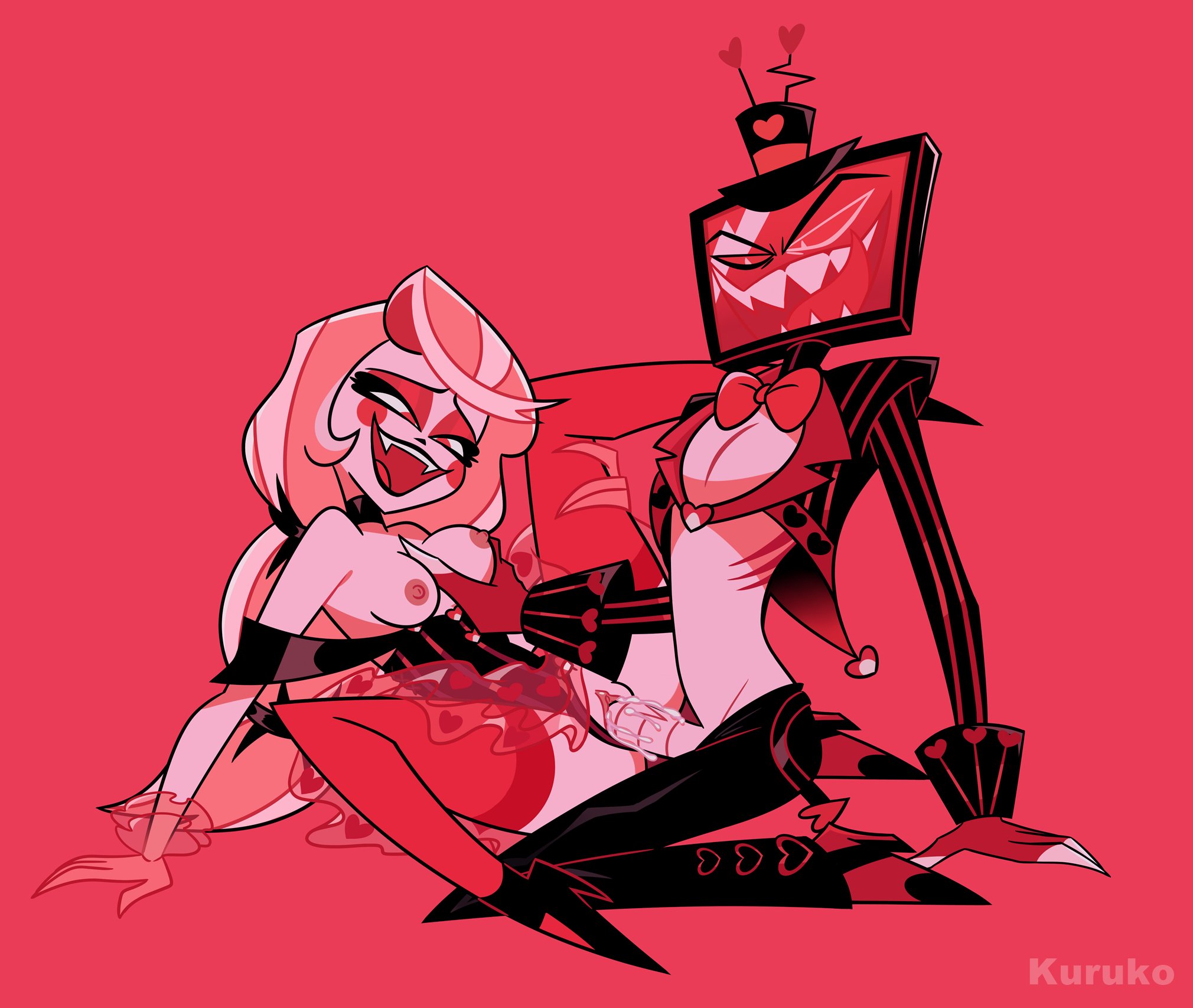 breasts, charlie morningstar (hazbin hotel), cheating, cock, cum, cum in pussy, cum inside, female, hazbin hotel, high heels, holding leg, holding leg up, kuruko, lust, lustful gaze, monochrome, nipples, penetration, penis, perky breasts, popped collar, pussy, red background, red eyes, red monochrome, red stockings, sharp teeth, smiling, smiling at each other, stockings, stockings thigh highs, undressed, vox (hazbin hotel)