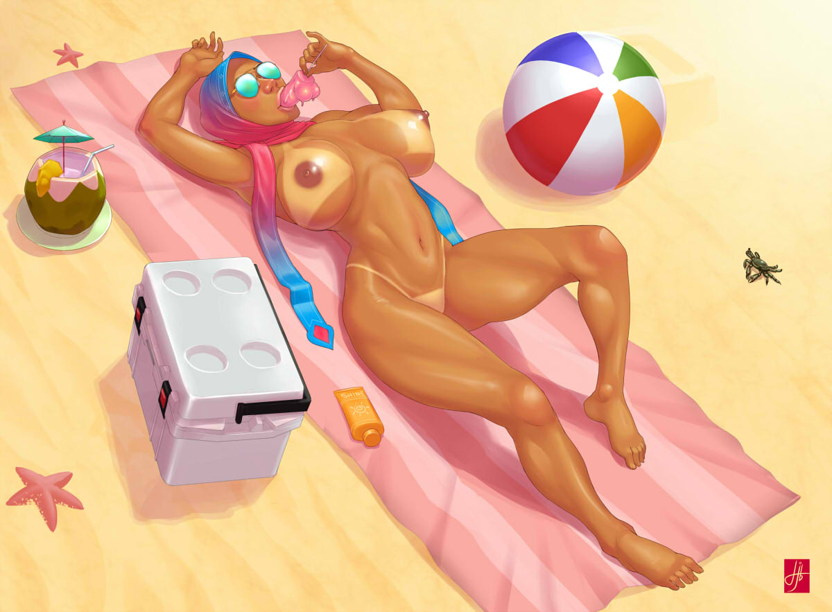 1girls, areola, beach, bimbo, breasts, female, hijab, hijabolic, large breasts, lying, navel, nipples, nude, solo, solo female, sunglasses, tan, tanline, tanned