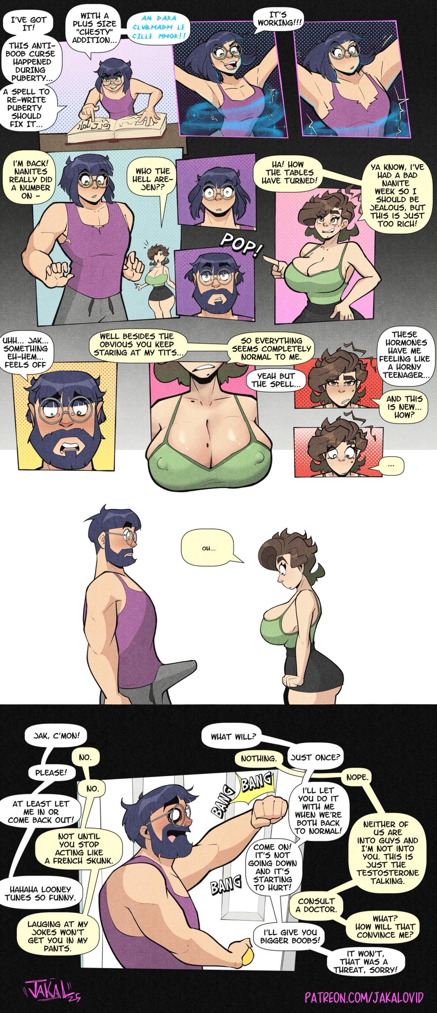 beard, big ass, big breasts, big penis, cleavage, comic, erection, erection under clothes, ftm transformation, funny, jakal (jakalovid), jakal63, jakalovid, jen (jakalovid), magic, male, mtf transformation, muscular male, nanites, original character, penis, transformation