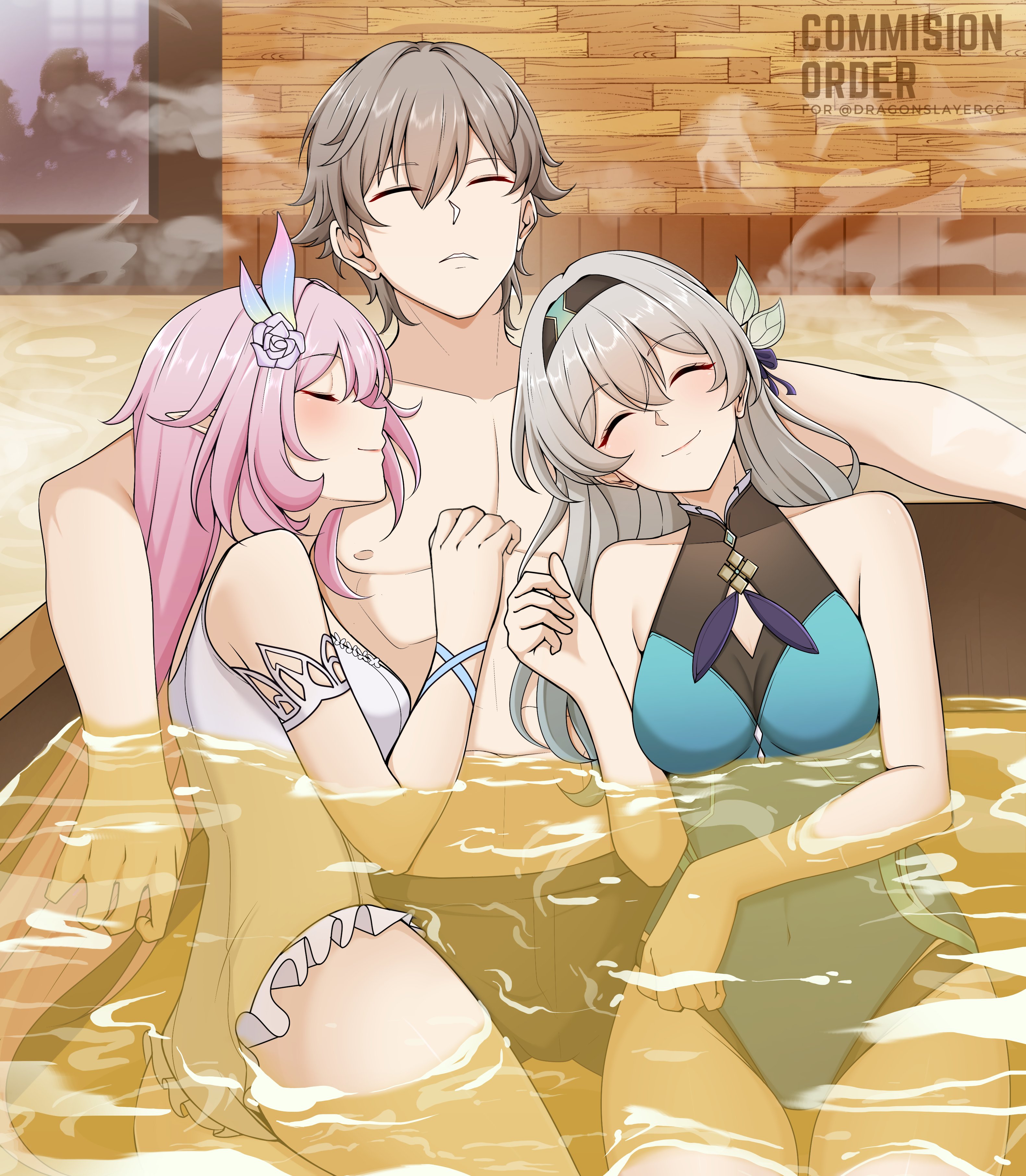 1boy, 2girls, brown hair, caelus (honkai: star rail), closed eyes, commission, cyrene (honkai: star rail), cyrene (ripples of past reverie) (honkai: star rail), female, firefly (honkai: star rail), green swimwear, honkai: star rail, hoyoverse, long hair, mihoyo, multicolored hair, onsen, pink hair, short hair, shorts, swimwear, very long hair, white swimwear