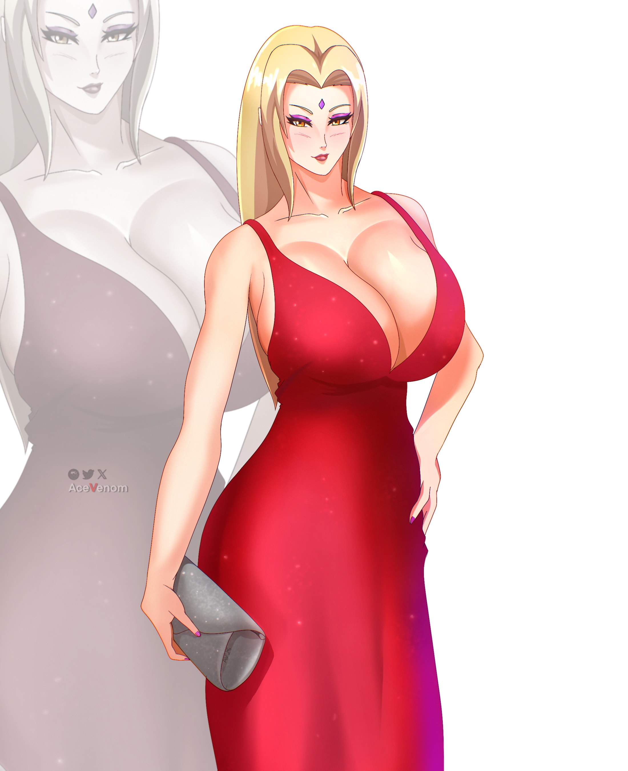 acevenom, big breasts, blonde female, blonde hair, blonde-haired female, blurred background, elegant, elegant dress, female, gilf, hokage, huge breasts, looking at viewer, milf, naruto, naruto (series), naruto shippuden, purse, red dress, tsunade