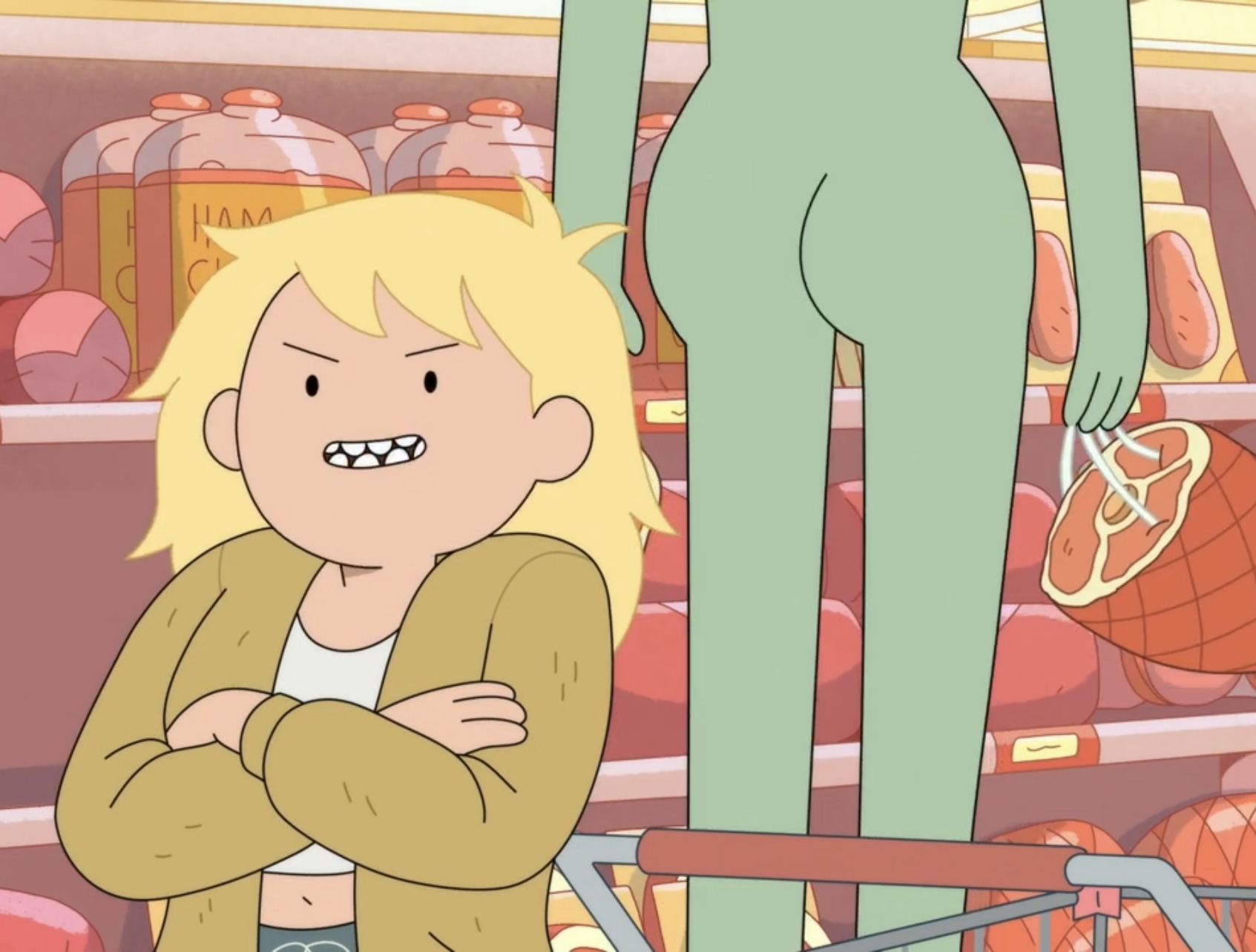 adventure time, ass, canonical scene, exposed hams, female, fionna and cake, fionna campbell, fionna the human girl, green skin, huntress wizard, meat, naked, naked female, nude female, official art