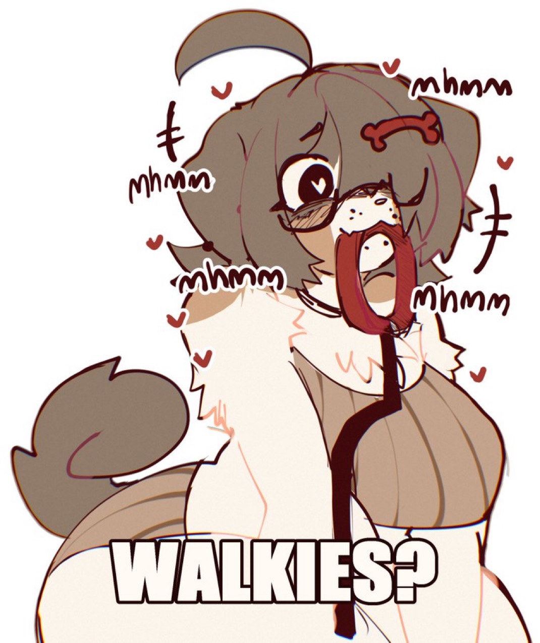 anthro, anthro female, big ass, big thighs, brown fur, dog girl, female, furry, furry female, glasses, heart-shaped pupils, mommypuppygf, text, thick, thick thighs, white fur, wide hips
