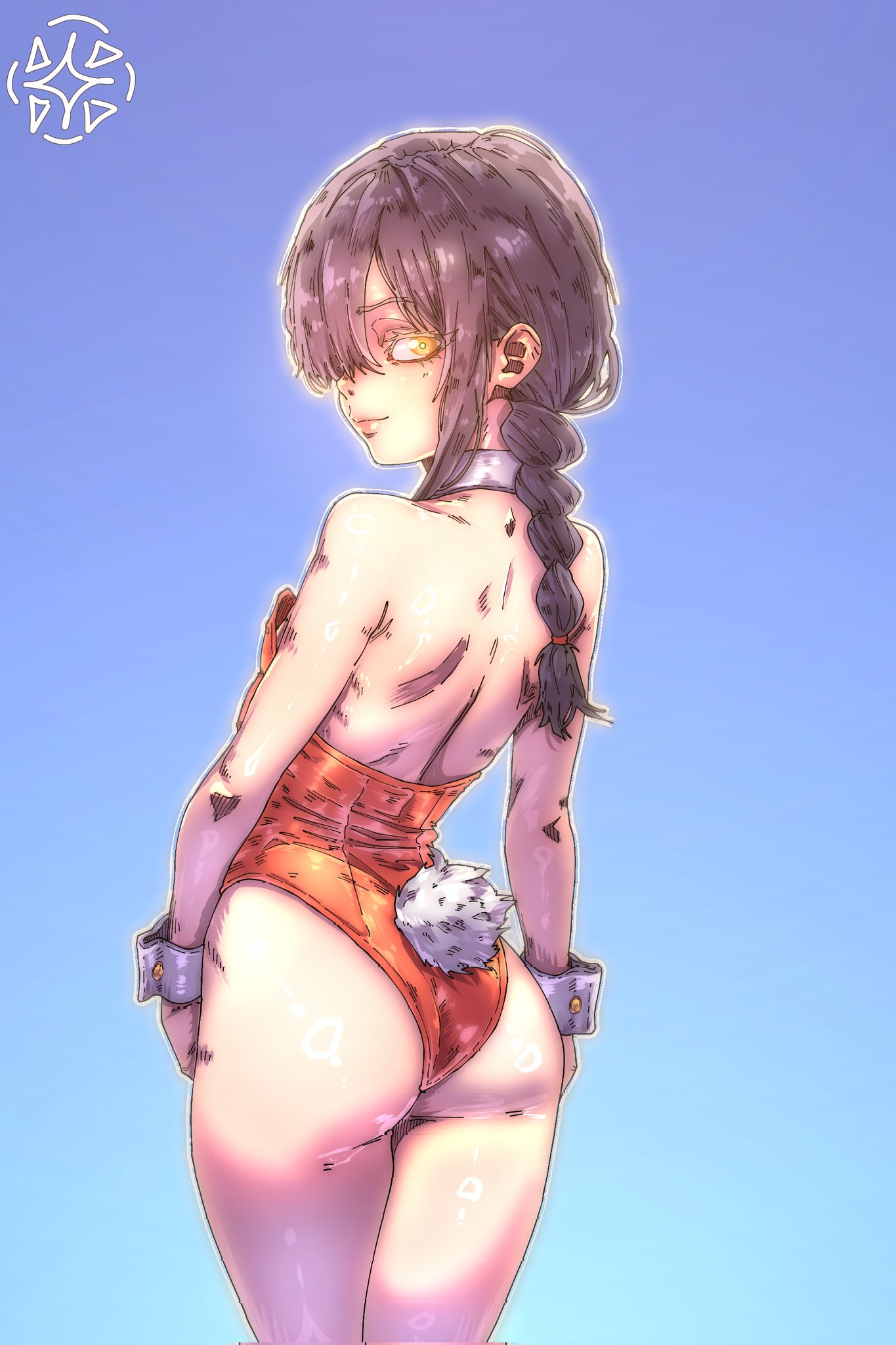 1girls, amphyshira, black hair, bunny girl, bunny suit, bunnysuit, chainsaw man, female, light skin, light-skinned female, nayuta (chainsaw man), solo, solo female, solo focus, yellow eyes