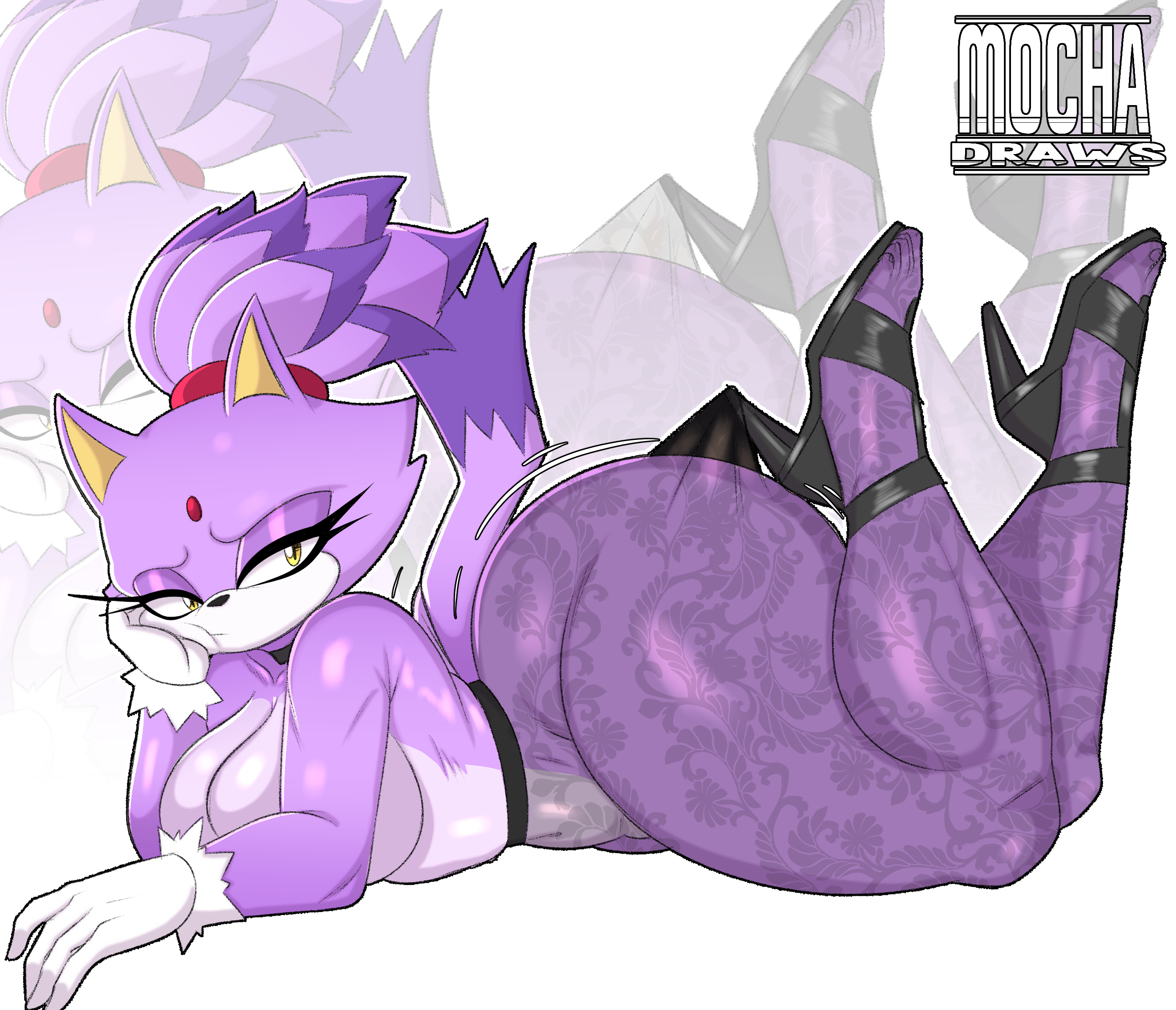 1girls, anthro, ass, big ass, big breasts, blaze the cat, bottomwear, breasts, bubble ass, bubble butt, cross samax, feet up, feline, female, female only, footwear, forehead jewel, hair, half-closed eyes, hand on cheek, heels, high heels, huge ass, lace, lace pantyhose hooked on heel (meme), lace trim, lace-trimmed legwear, lace-trimmed pantyhose, legs up, legwear, lingerie, meme, mocha draws, mocha-draws, on stomach, pantyhose, purple body, purple hair, purple skin, sega, solo, solo female, sonic (series), sonic the hedgehog (series), thick thighs, thighs, yellow eyes