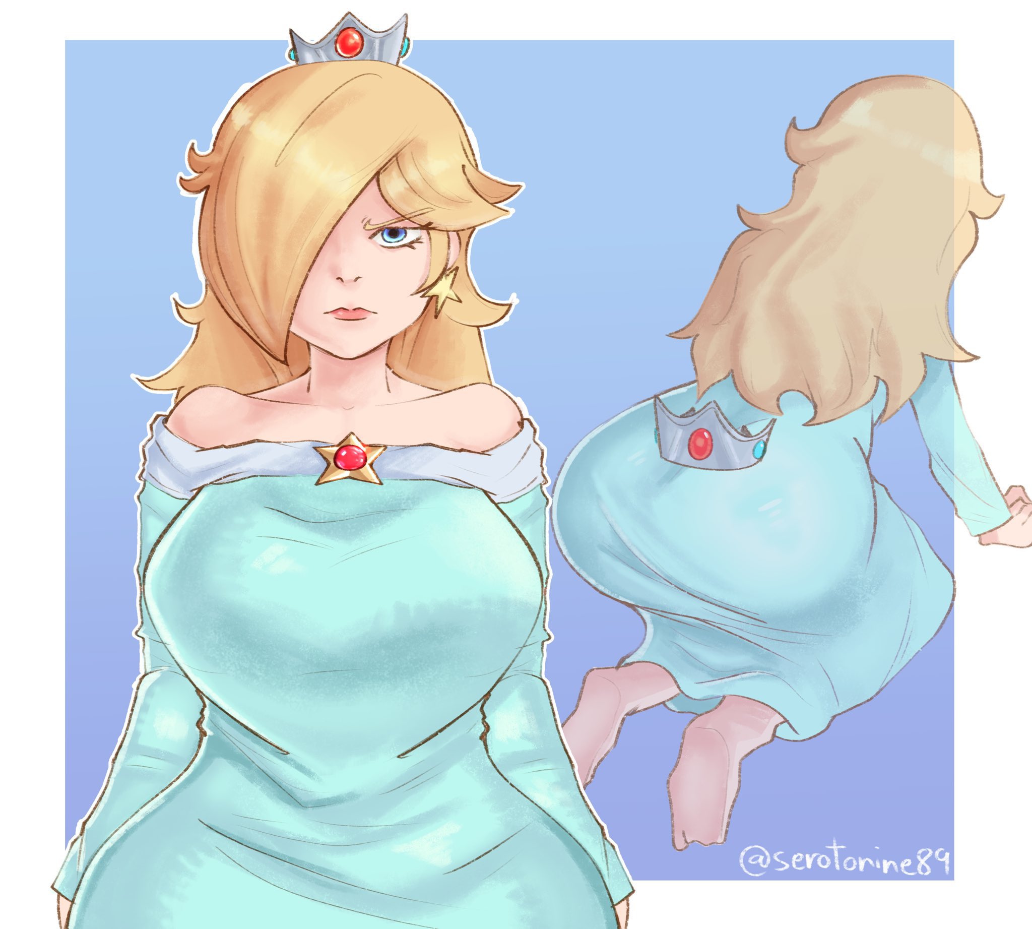 1girls, all fours, alternate breast size (larger), angry, arms at sides, artist name, ass, blonde hair, blue background, blue dress, blue eyes, border, breasts, brooch, collarbone, crown, curly hair, curvy, dress, earrings, feet, female, female focus, female only, from behind, frown, gradient background, hair over one eye, hashtag-only commentary, highres, huge ass, jewelry, large breasts, long hair, long sleeves, looking at viewer, mario (series), multiple views, nintendo, off shoulder, outside border, pink lips, princess rosalina, princess rosalina (ai movie leak), princess rosalina (movie), reference work, rosalina, serotonine89, soles, star (symbol), star earrings, straight-on, super mario galaxy, super mario galaxy (2026 film), unworn crown, white trim