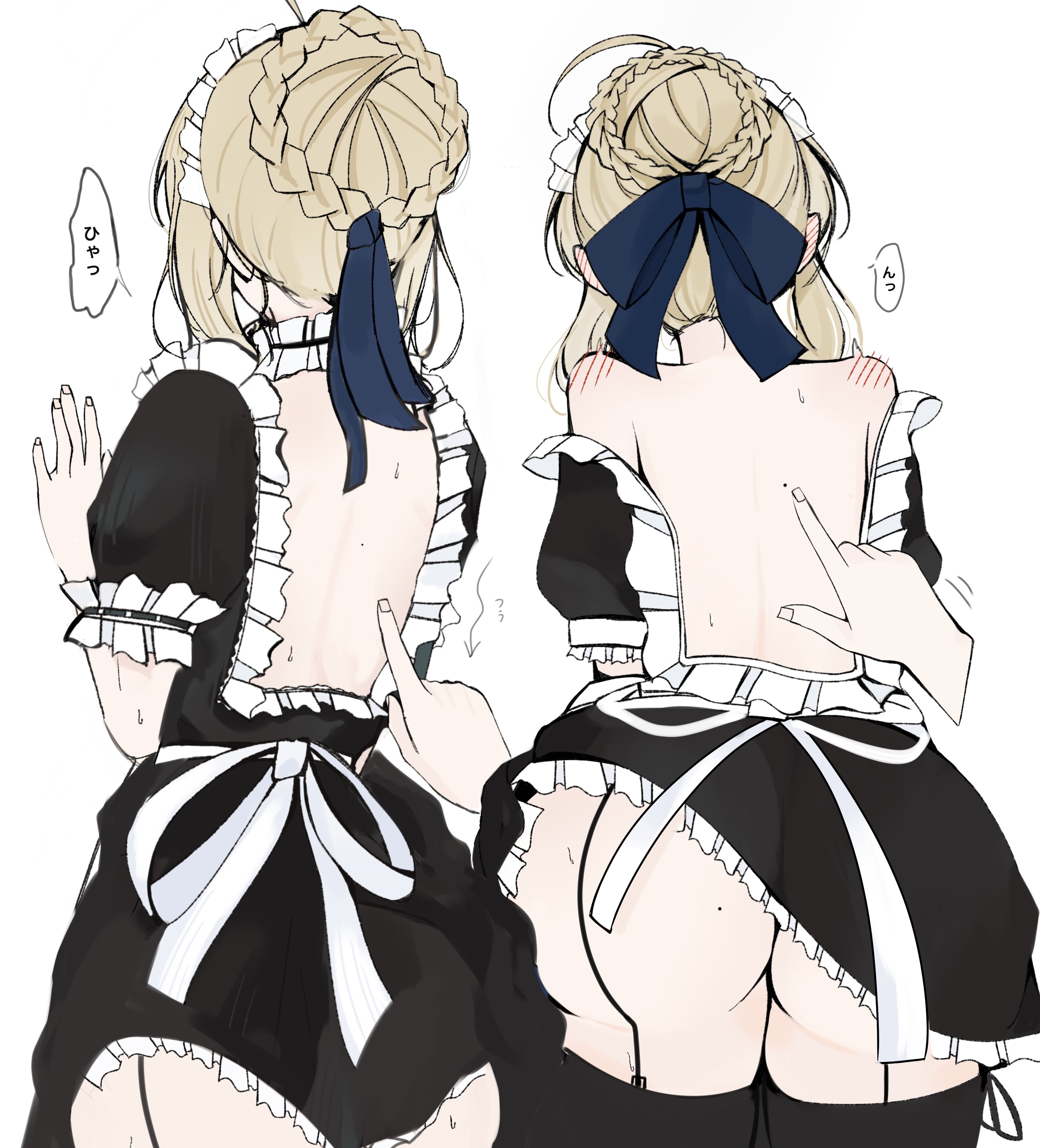1girls, 1other, alternate outfit, aroused, artoria pendragon, ass, ass focus, behind view, big ass, blonde hair, blush, braided bun, dress lift, enmaided, exposed back, fate (series), fate/stay night, female, garter straps, hayato hoshi604, horny female, maid, maid headdress, maid uniform, ribbon, saber, thighhighs, thighs, touching back, zettai ryouiki