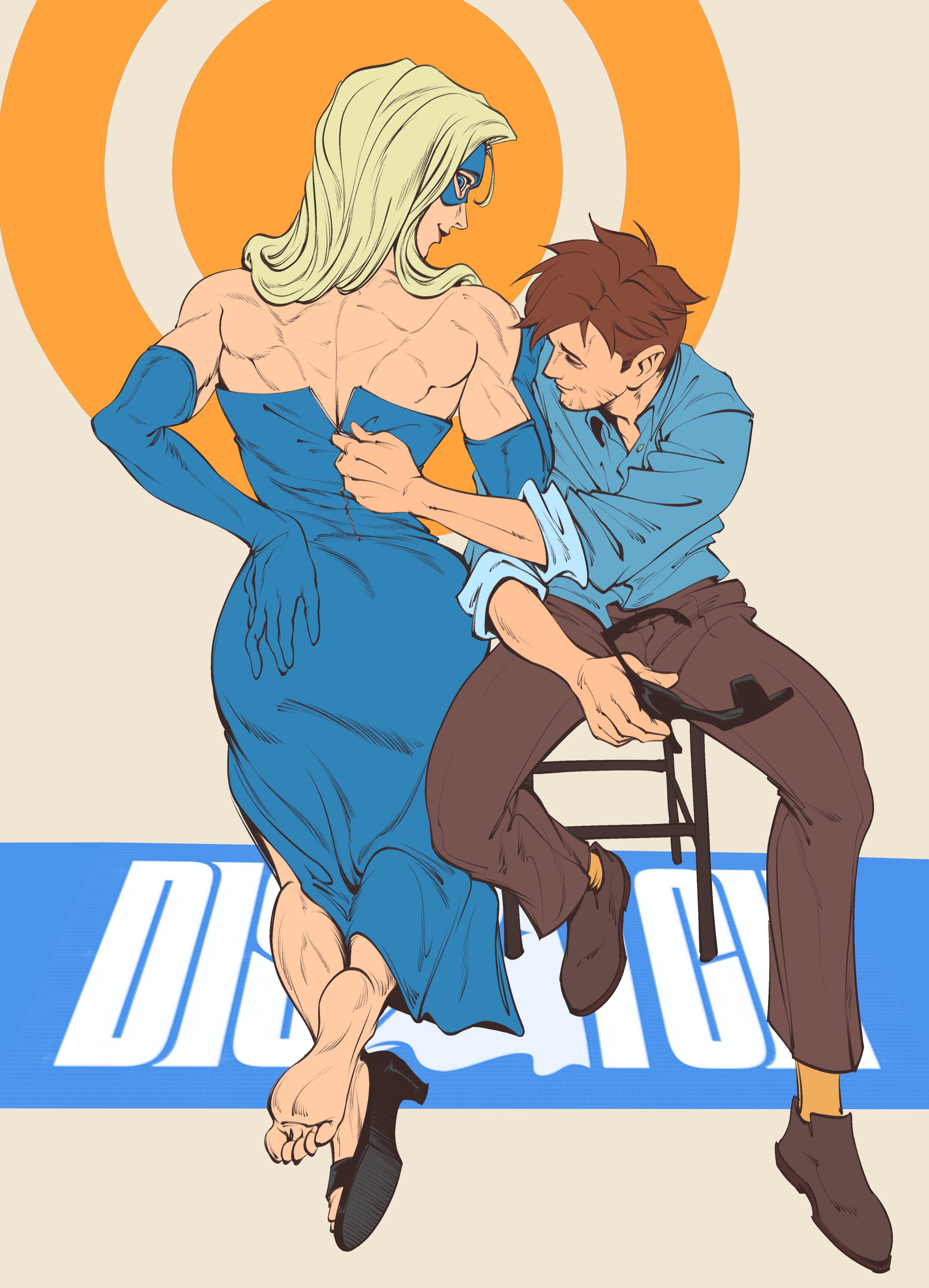 1boy, 1girls, 2girls, ass, athletic female, bare shoulders, big ass, black shoes, blonde blazer, blonde hair, blue dress, blue eyes, blue gloves, broad shoulders, brown hair, child bearing hips, dispatch (game), domino mask, dress, elbow gloves, eye mask, female, fit, fit female, full body, high heels, large breasts, lips, long hair, male, mandy (dispatch), muscular, muscular back, muscular female, necklace, robert robertson, sitting, smile, strapless dress, strong woman, toeless footwear, undressing another, unzipping, wide hips