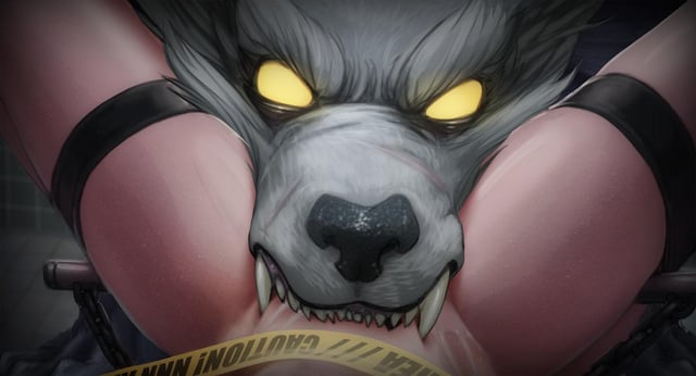 1boy, 1girls, biting pussy, caution tape, cunnilingus, fangs, female pov, furry, furry with non-furry, male, monster, monster boy, monster on female, oral, oral sex, pov, pussy, submissive pov, tagme, teeth, violence, werewolf