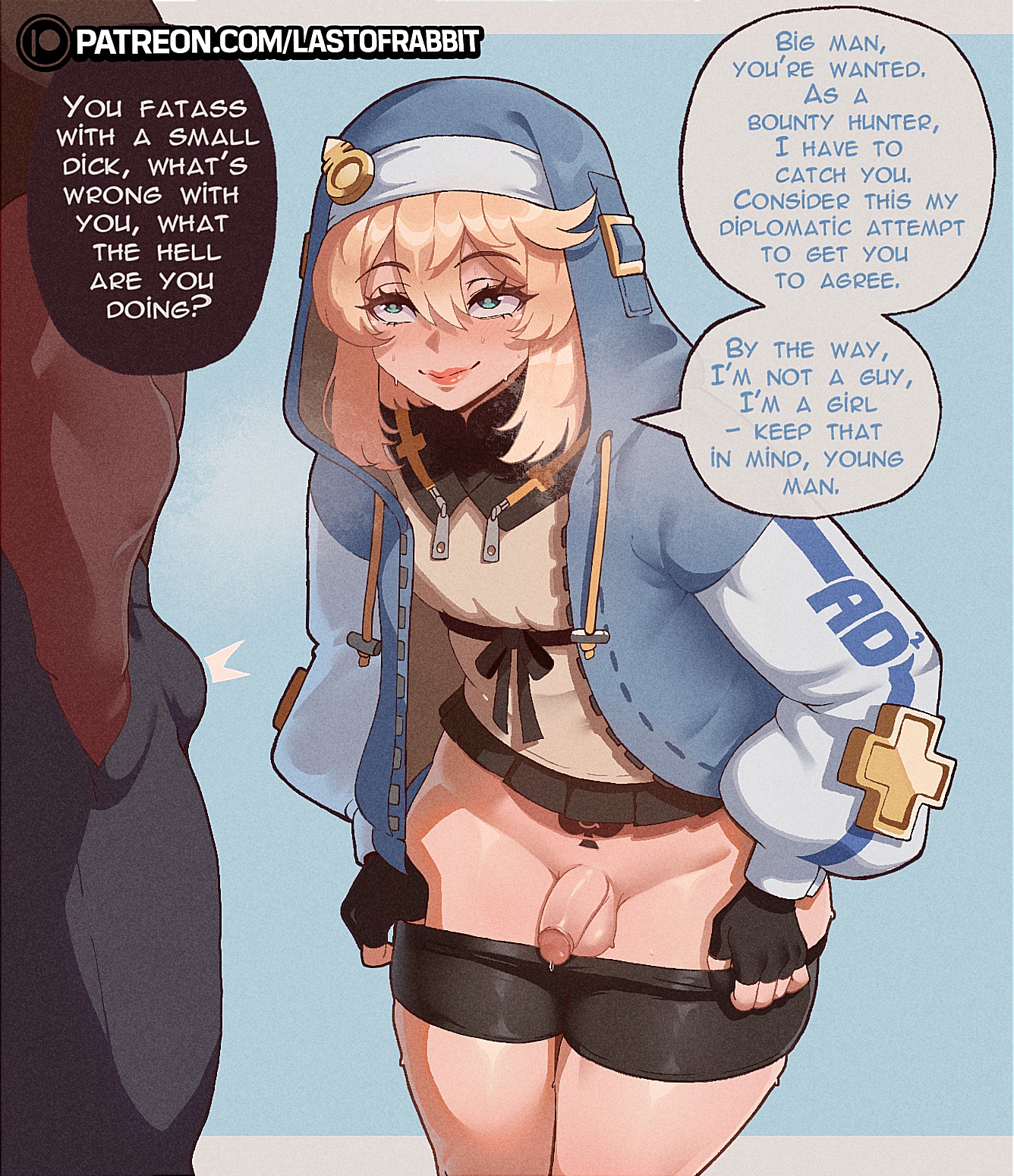 1boy, 1futa, androgyne symbol, bike shorts, bike shorts pull, black gloves, black shorts, blonde hair, blue eyes, blue jacket, bridget, bridget (guilty gear), dark skin, dark-skinned male, english text, erection, fingerless gloves, foreskin, gloves, green eyes, guilty gear, guilty gear strive, hair between eyes, hood, hood up, hooded jacket, interracial, jacket, large penis, lastofrabbit, long sleeves, male focus, male only, medium hair, open clothes, penis, precum, puffy sleeves, queen of spades, shorts, small penis, small penis humiliation, smile, speech bubble, trans woman, transfem, transgender, transgender woman, trap, uncensored, undressing, veiny penis