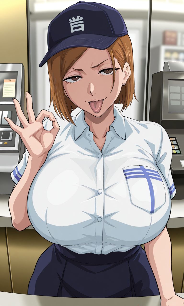 1girls, ai generated, big boobs, big breasts, brown eyes, brown hair, cashier, curvy, curvy body, curvy female, curvy figure, fellatio gesture, female, female only, huge breasts, jujutsu kaisen, kugisaki nobara, kyoru189, large breasts, light skin, light-skinned female, looking at viewer, mature female, ok sign, schoolgirl, shiny, shiny skin, solo, solo female, tongue, tongue out
