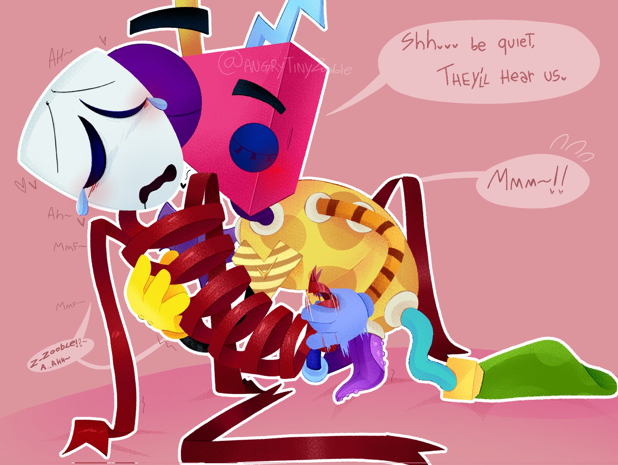 angrytinyzooble, futa on female, futanari, gangle (the amazing digital circus), glitch productions, kissing, kissing while masturbating, masturbating, ribbons, ribbons (anatomy), the amazing digital circus, zooble (the amazing digital circus)