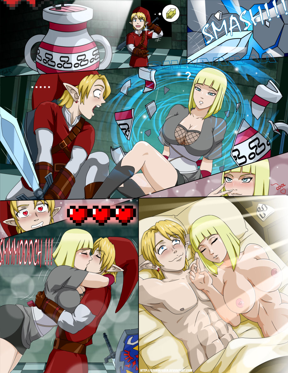 1boy, 1girls, after sex, big breasts, blonde hair, blue eyes, breasts, crossover, crossover pairing, duo, female, heart-shaped pupils, huge breasts, kissing, large breasts, light skin, light-skinned female, light-skinned male, link, male, naruto, naruto (series), naruto shippuden, nintendo, samui, smile, stormfeder, straight, the legend of zelda
