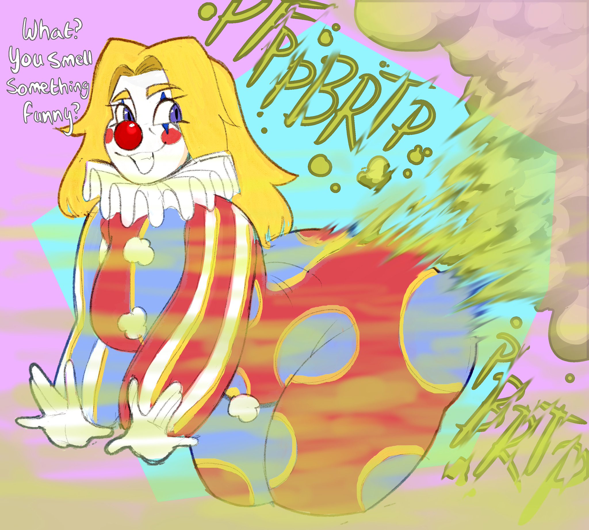 1female, 1females, 1girl, 1girls, 2d, 2d (artwork), 2d art, 2d artwork, ass, big ass, big butt, bubble ass, bubble butt, butt, carafalsa, clothed, clothing, clown, clown costume, clown girl, clown makeup, clown nose, clown paint, coy, digital art, digital drawing, digital drawing (artwork), digital media, digital media (artwork), english text, fart, fart cloud, fart fetish, farting, fat ass, female, female focus, female only, gassy, huge ass, onomatopoeia, solo female, text, thick ass, thick thighs, unknown character
