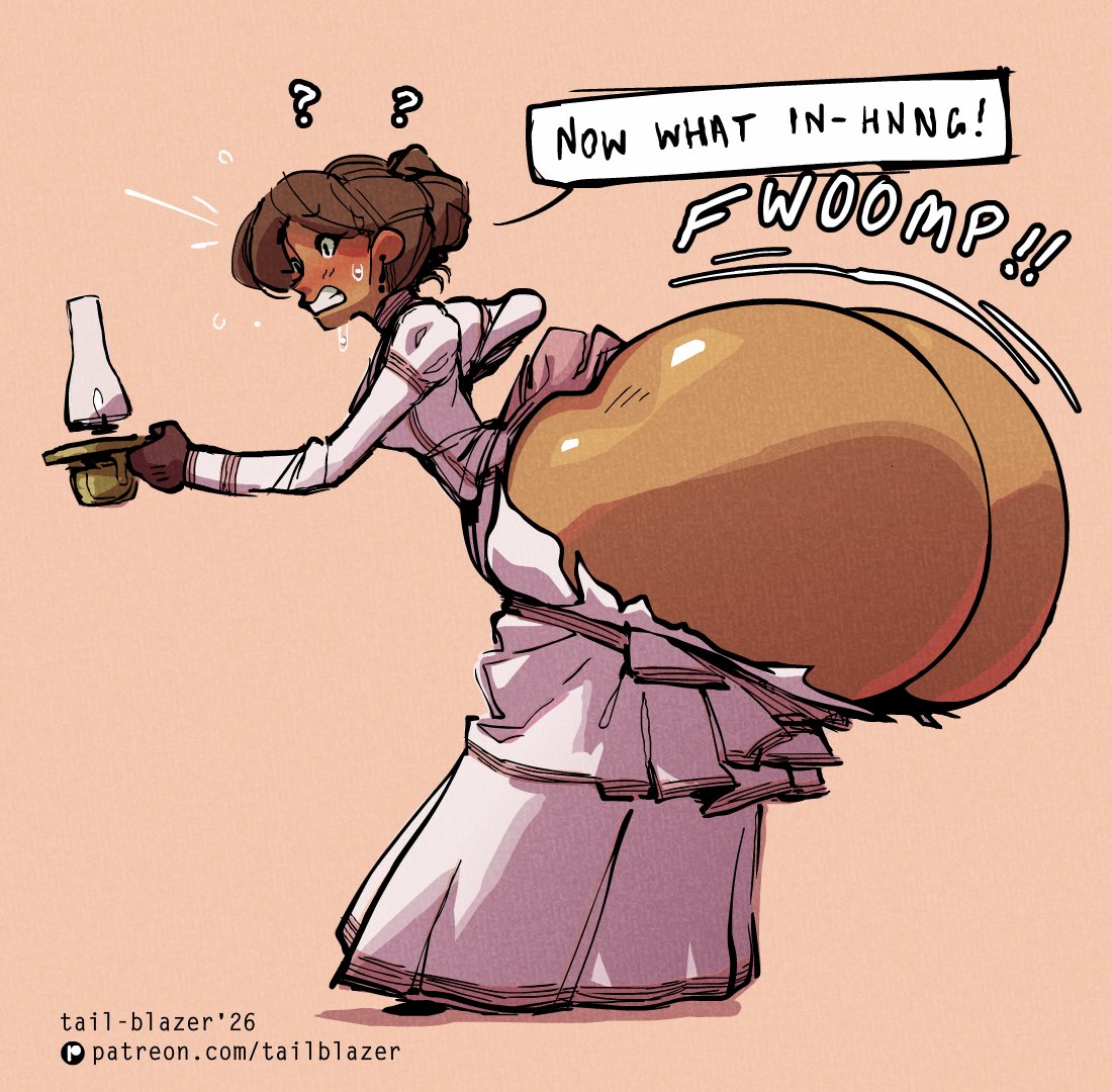 ?, ass expansion, ass in dress, blush, bonnie (tail-blazer), brown hair, candle, clenched teeth, dark skin, dress, expansion, female, female only, gigantic ass, massive ass, pink background, purple dress, short hair, surprised, tail-blazer, torn dress