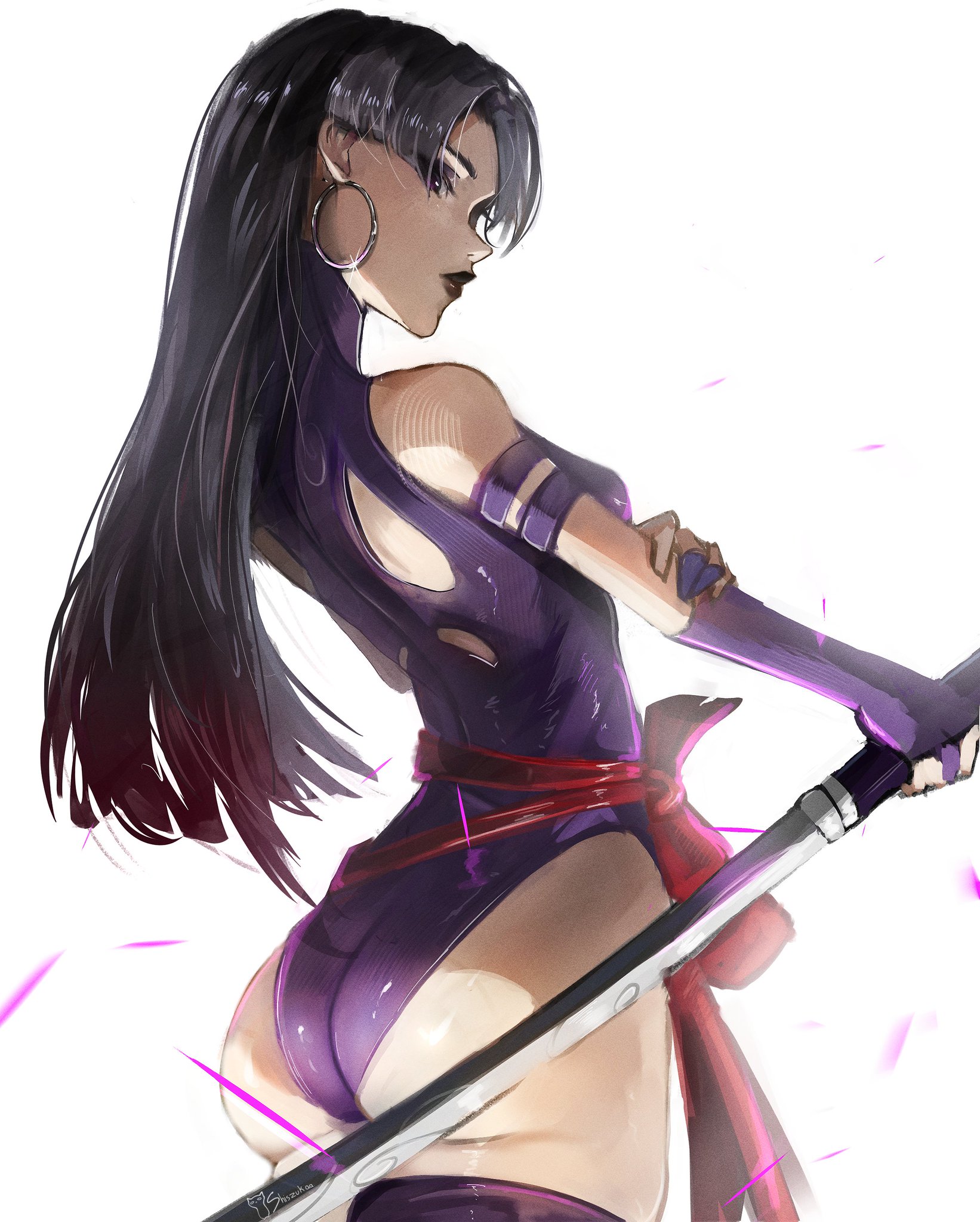 1girl, 1girls, 2025, arched back, ass, ass focus, assassin, back view, bangs, black hair, black hair female, curvy, curvy female, dark red hair, digital drawing (artwork), digital media (artwork), earrings, feudal japan, lithe, looking at viewer, marvel, marvel comics, mature female, mutant (marvel), ninja, plain background, posing, psylocke, psylocke (marvel rivals), psylocke (sai) (vengeance), purple clothing, purple eyes, purple lipstick, sexy, shiszukaa, side view, skin tight, skinny, skinny female, slim waist, small breasts, solo, solo female, sword, thick, wavy hair, white background, x-men
