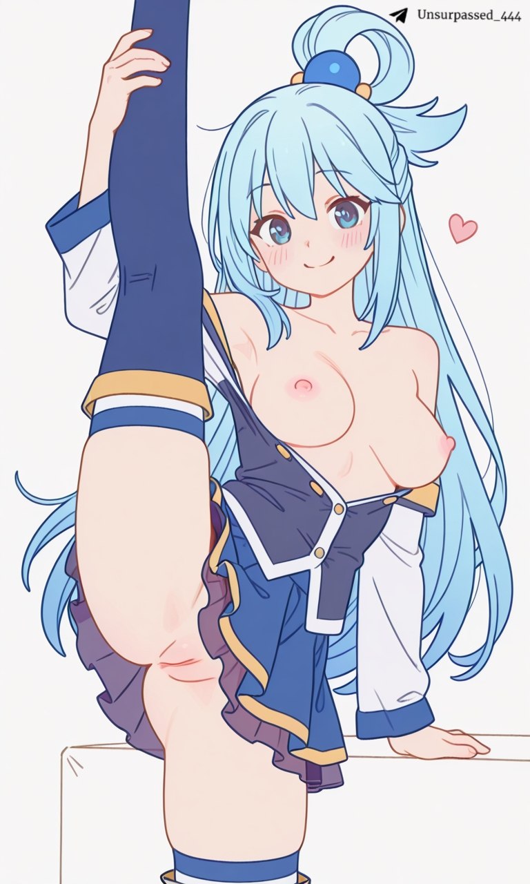 1girl, 1girls, aqua (konosuba), bare shoulders, blue hair, hair ornament, heart symbol, holding leg, pussy, raised leg, skirt, smile, smiling, smiling at viewer, tagme, thighhighs, thighs, unbuttoned, unbuttoned shirt
