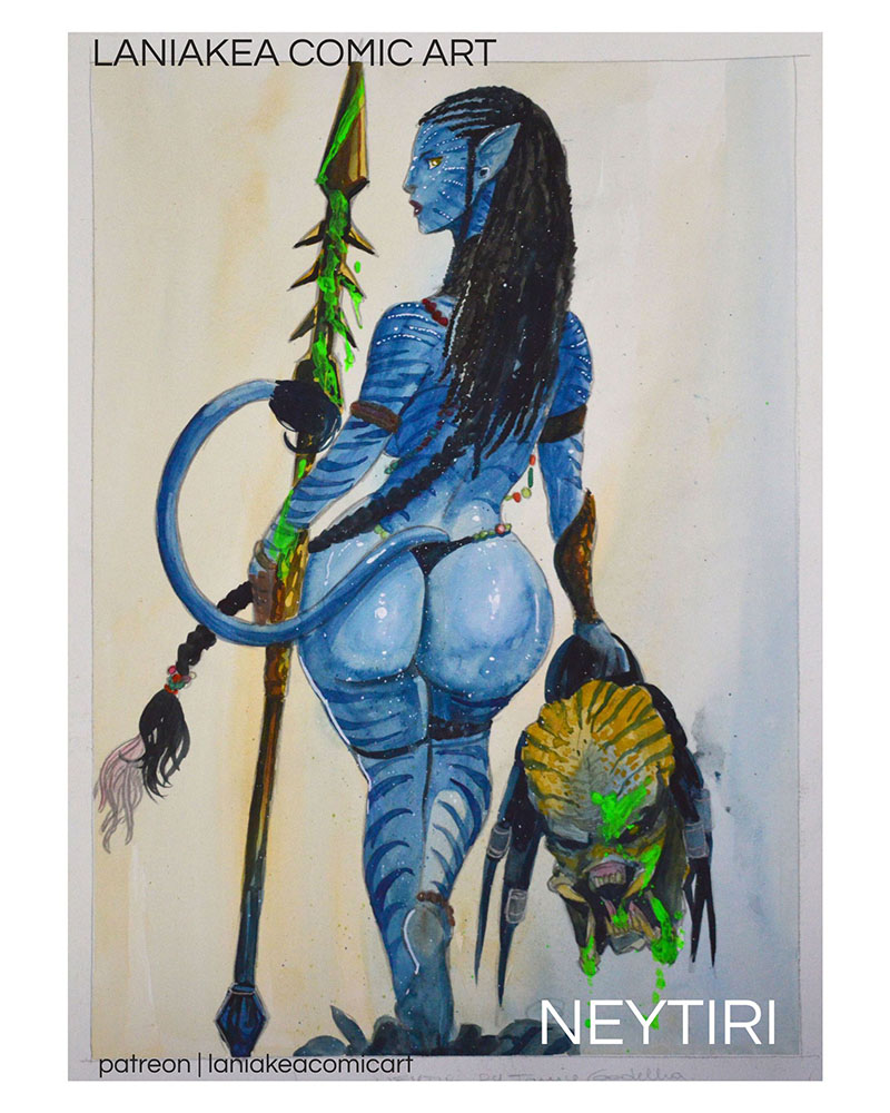 1girls, alien, ass, avatar, back view, big ass, black hair, blood, blue skin, bubble butt, female, huge ass, na'vi, neytiri, predator (franchise), severed head, solo, spear, tamiegadelha, thick thighs, traditional media (artwork), wide hips, yautja