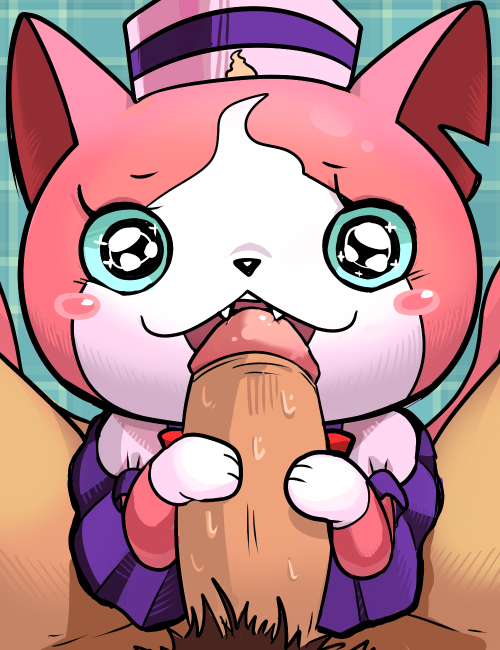 anthro bingo_(artist) blue_eyes blush eyelashes fangs feline female hat headgear human interspecies looking_at_viewer mammal open_mouth oral penis pubes sailor_fuku sailornyan yo-kai_watch