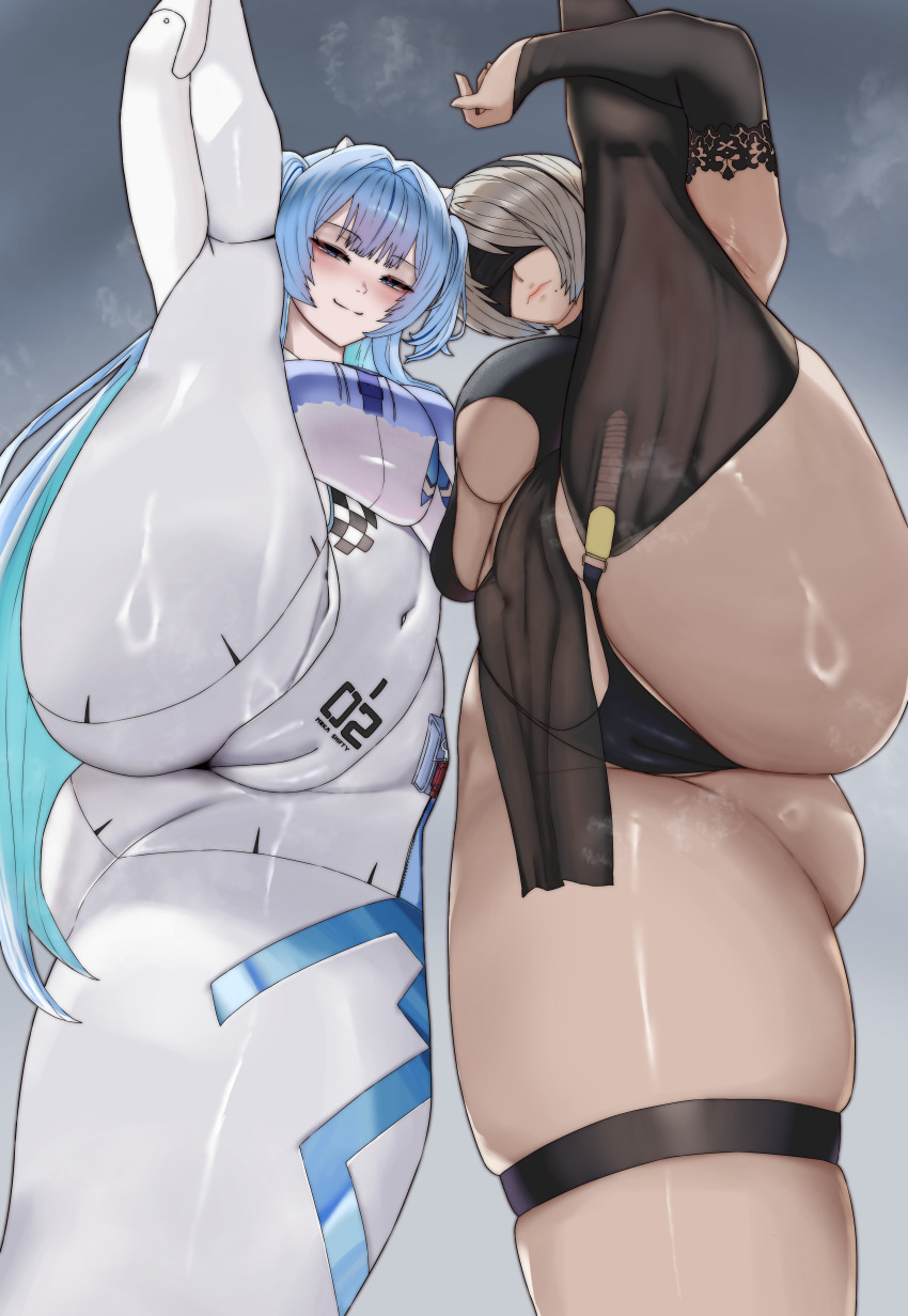 2b_(nier:automata) 2girls absurdres animal_ear_headphones animal_ears armpits arms_up armwear ass ass_focus belly belly_button big_ass big_breasts black_bridal_gauntlets black_hairband black_one-piece_swimsuit black_panties black_thong blindfold blue_eyes blue_hair blush blushing bodysuit breasts bridal_gauntlets cameltoe cat_ear_headphones cat_ears collar collarbone commentary covered_eyes english_commentary fake_animal_ears female female_focus female_only gluteal_fold goddess_of_victory:_nikke hairband headphones highres hips hips_wider_than_shoulders huge_ass huge_breasts imminent_sex inner_sideboob ja-akuna legs_up long_hair looking_at_viewer looking_down mekami_shifty_(nikke) mole mole_under_mouth multicolored_bodysuit navel nier:_automata nier:automata nier_(series) one-piece_swimsuit panties pelvic_curtain pussy see-through_clothes see-through_pelvic_curtain short_hair short_twintails showing_off sideboob single_thighhigh smile smiling split standing standing_on_one_leg standing_split swimsuit thick_thighs thigh_strap thighhighs thighs thong transparent_clothing twintails underboob viewed_from_below white_bodysuit white_hair yorha_2b