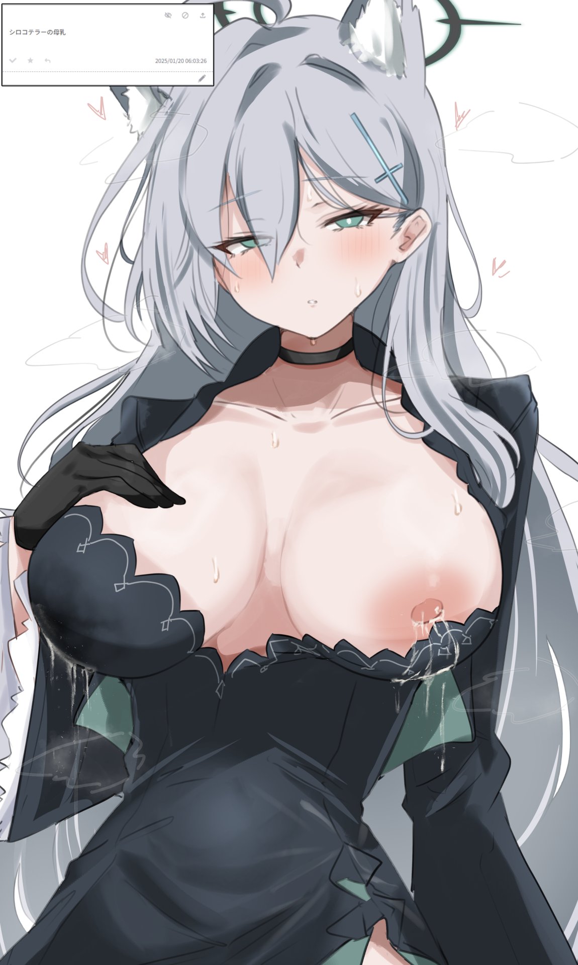 1girls, animal ear fluff, animal ears, aqua eyes, aqua halo, black choker, black dress, black gloves, blue archive, breasts, breasts apart, choker, cross hair ornament, dress, female, gloves, grey hair, hair ornament, half-closed eyes, halo, hand on own chest, heart, highres, lactation, lactation through clothes, large breasts, long hair, long sleeves, low neckline, machismo fuji, milk stain, nipples, no bra, no bra under clothes, one breast out, parted lips, request inset, shiroko terror (blue archive), simple background, solo, sweat, translated, upper body, very long hair, white background, wolf ears, wolf girl