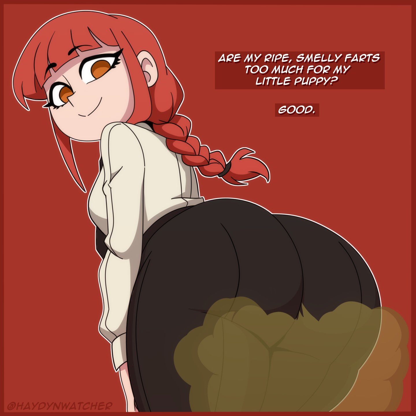ass, big ass, chainsaw man, fart, fart cloud, fart fetish, farting, farting at viewer, fat ass, female, female focus, female only, jeans, makima (chainsaw man), red hair