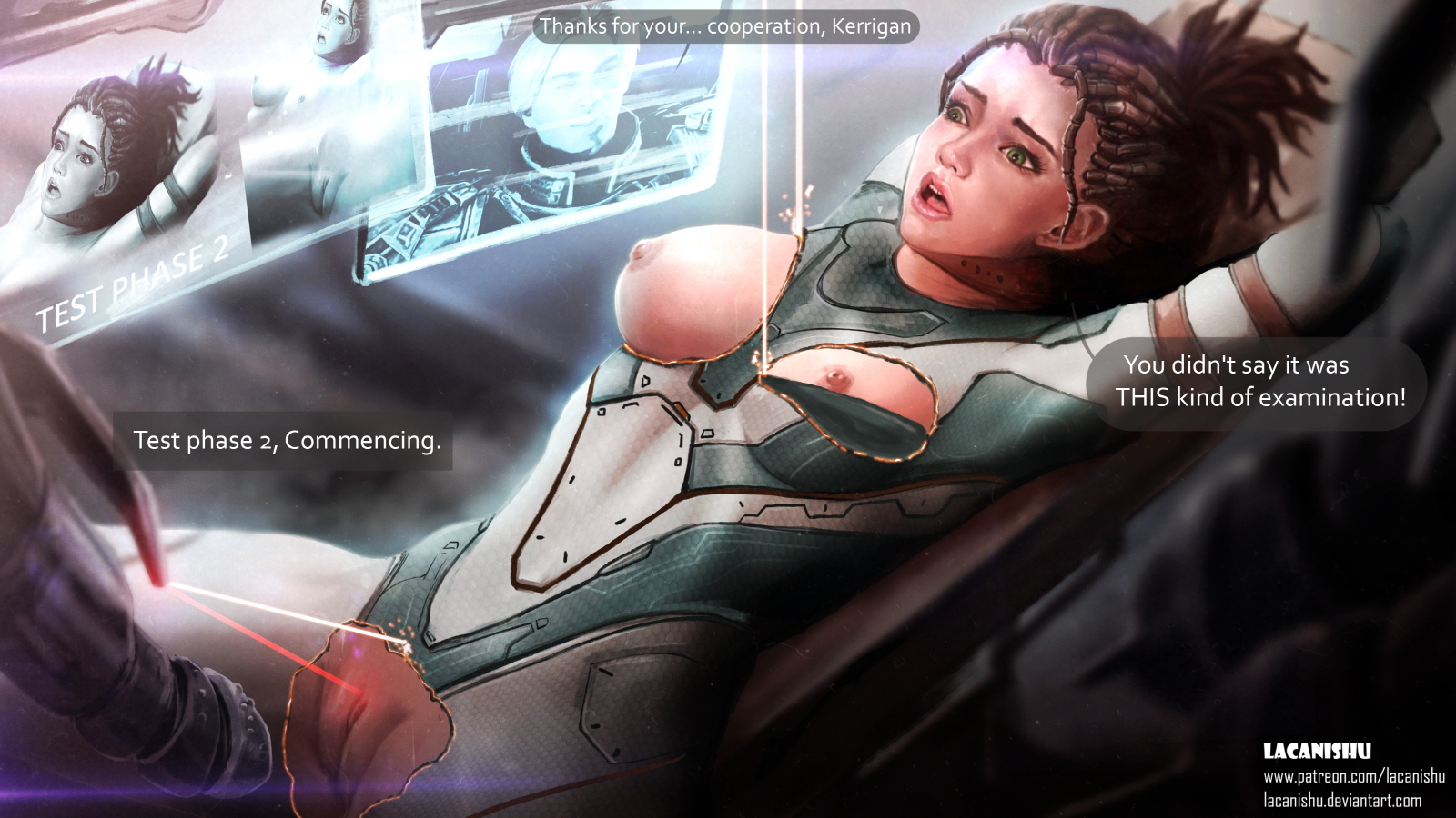 1girls, areola, bodysuit, breasts, dialogue, english text, exposed breasts, female, ghost (starcraft), imminent rape, lacanishu, machine, medium breasts, nipples, pussy, restrained, sarah kerrigan, sex machine, starcraft, starcraft 2, terran, text, torn clothes, torn clothing, uncensored, valerian mengsk
