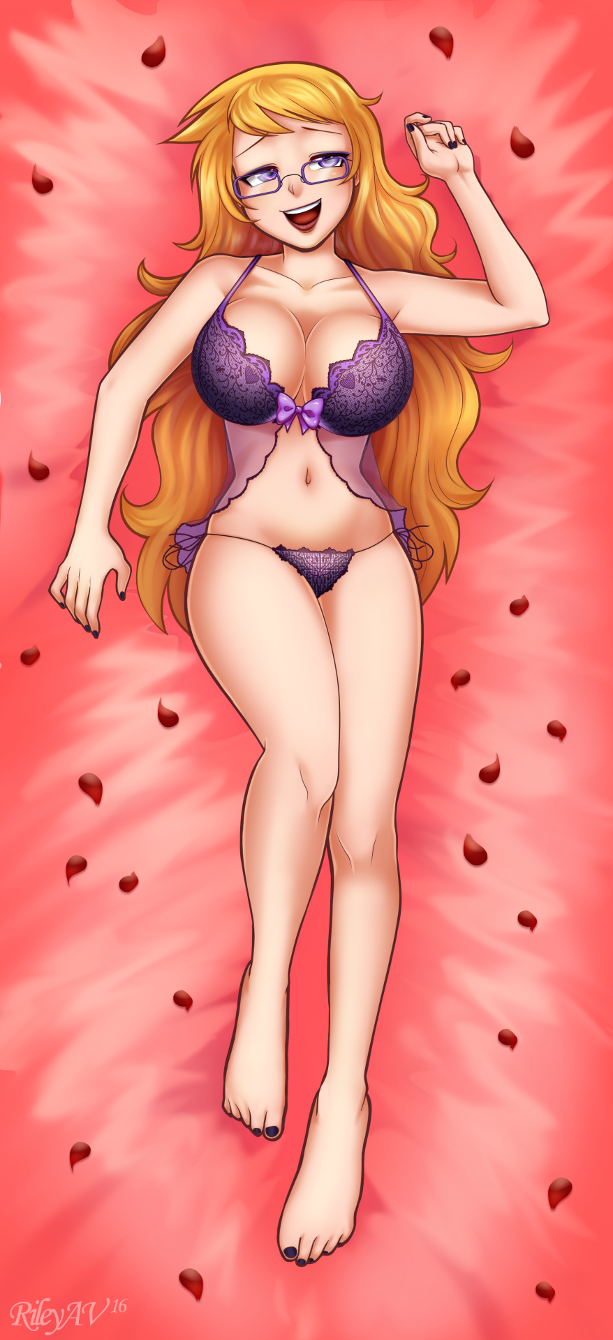 babydoll barefoot blonde_hair breasts cleavage dakimakura female glasses indigo_eyes large_breasts lingerie long_hair lying nail_polish navel nsfwee on_back open_mouth original panties petals purple_eyes purple_nails rileyav rose_petals side-tie_panties smile solo toenail_polish underwear