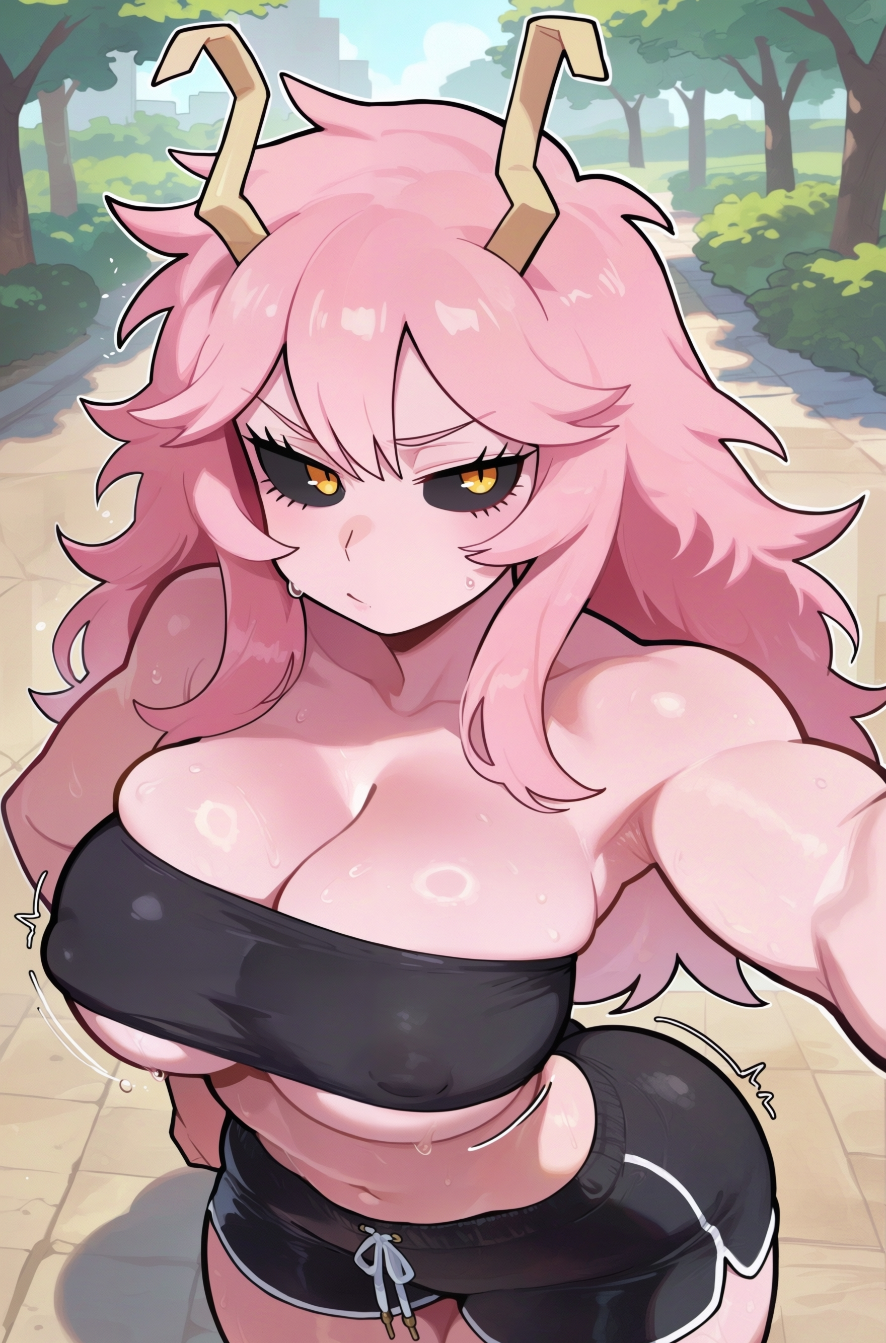 1girl, ai generated, angry, angry expression, angry face, antennae, antennae (anatomy), areolae, armpit fetish, armpits, ashido mina, ashido mina time-skip, big breasts, black clothing, black sclera, black shorts, black tube top, boku no hero academia, boku no hero academia (finale), boobs, breasts, cleavage, colored skin, female, female focus, female only, from above, jorgecarlosai, legs, long hair, mina ashido, mina ashido time-skip, my hero academia, my hero academia (finale), navel, nipple bulge, outdoors, park, pink hair, pink skin, selfie, selfie pose, sexy, shorts, sport, sportswear, sportwear, standing, sweaty, thighs, timeskip, toned, toned body, toned female, tube top, tubetop, underboob, watermark, yellow eyes