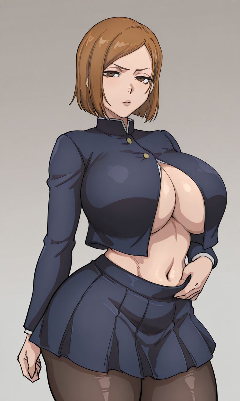 1girls ai_generated big_boobs big_breasts brown_eyes brown_hair curvy curvy_body curvy_female curvy_figure female female_only huge_breasts jacket jujutsu_kaisen kugisaki_nobara kyoru189 large_breasts light-skinned_female light_skin looking_at_viewer mature_female pantyhose school_uniform schoolgirl shiny shiny_skin skirt solo solo_female