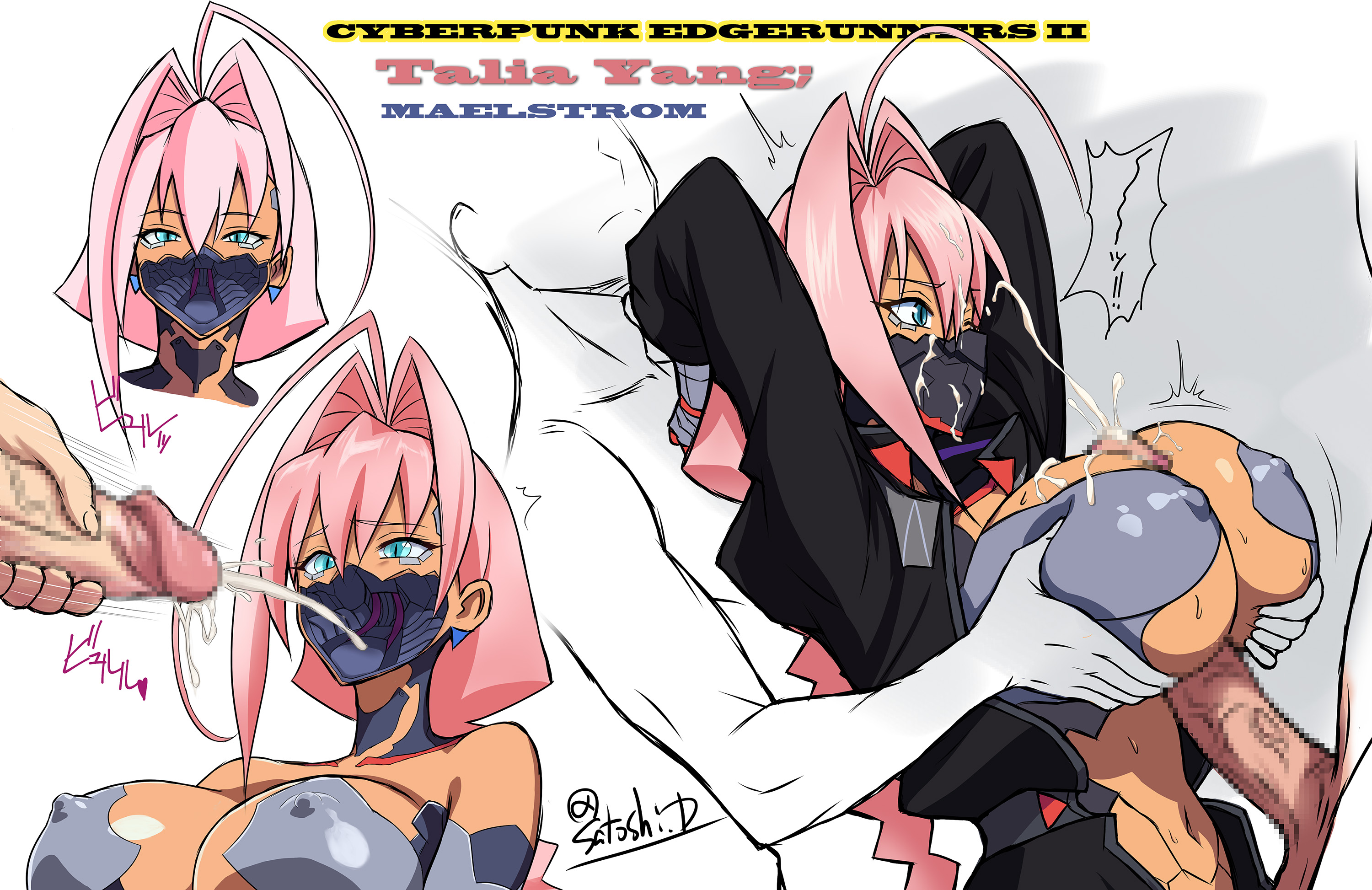 1girls, blue eyes, color, cyberpunk 2077, cyberpunk girl, cyberpunk: edgerunners, cyborg, cyborg girl, female, female focus, hi res, long hair, looking at viewer, male, pink hair, slim waist, solo, solo female, talia yang, tan body, tan skin, thick thighs