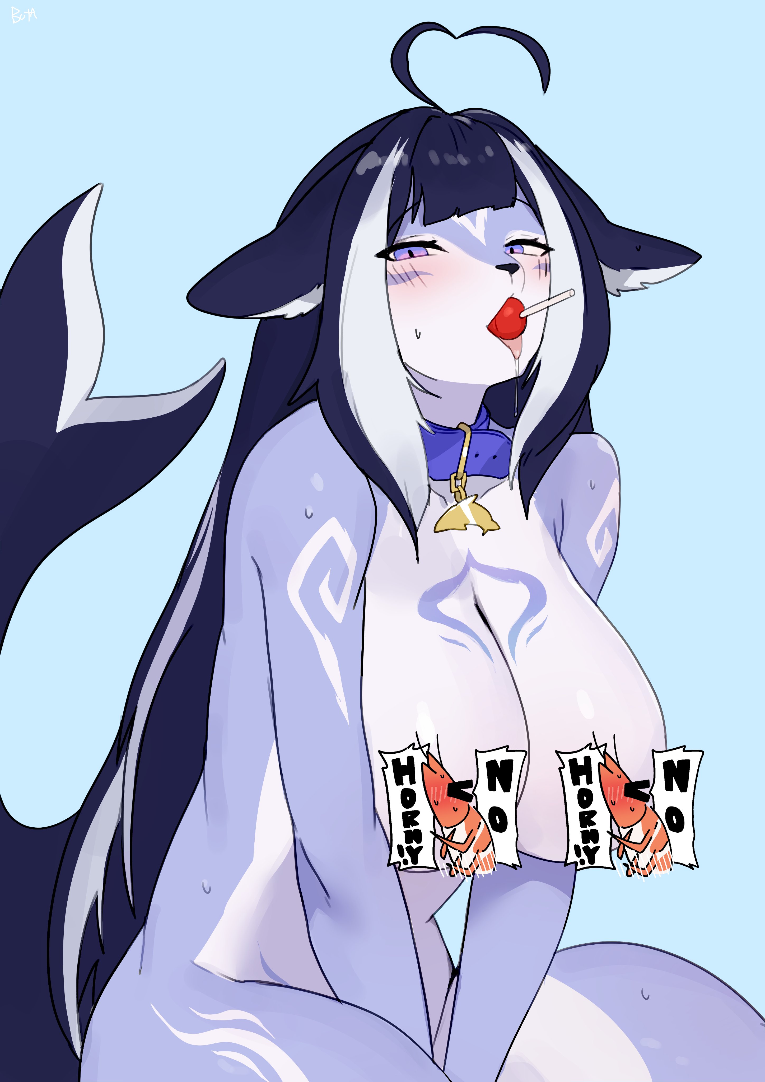 1girls, 2026, absurd res, anthro, anthrofied, aquatic, big breasts, biped, blush, breasts, buta99, censored, censored nipples, cetacean, countershade torso, countershading, digital drawing (artwork), digital media (artwork), dolphin, female, female only, front view, furry, hair, indie virtual youtuber, looking at viewer, mammal, nude, nude anthro, nude female, oceanic dolphin, orca, shylily, simple background, solo, tail, tongue, toothed whale, virtual youtuber