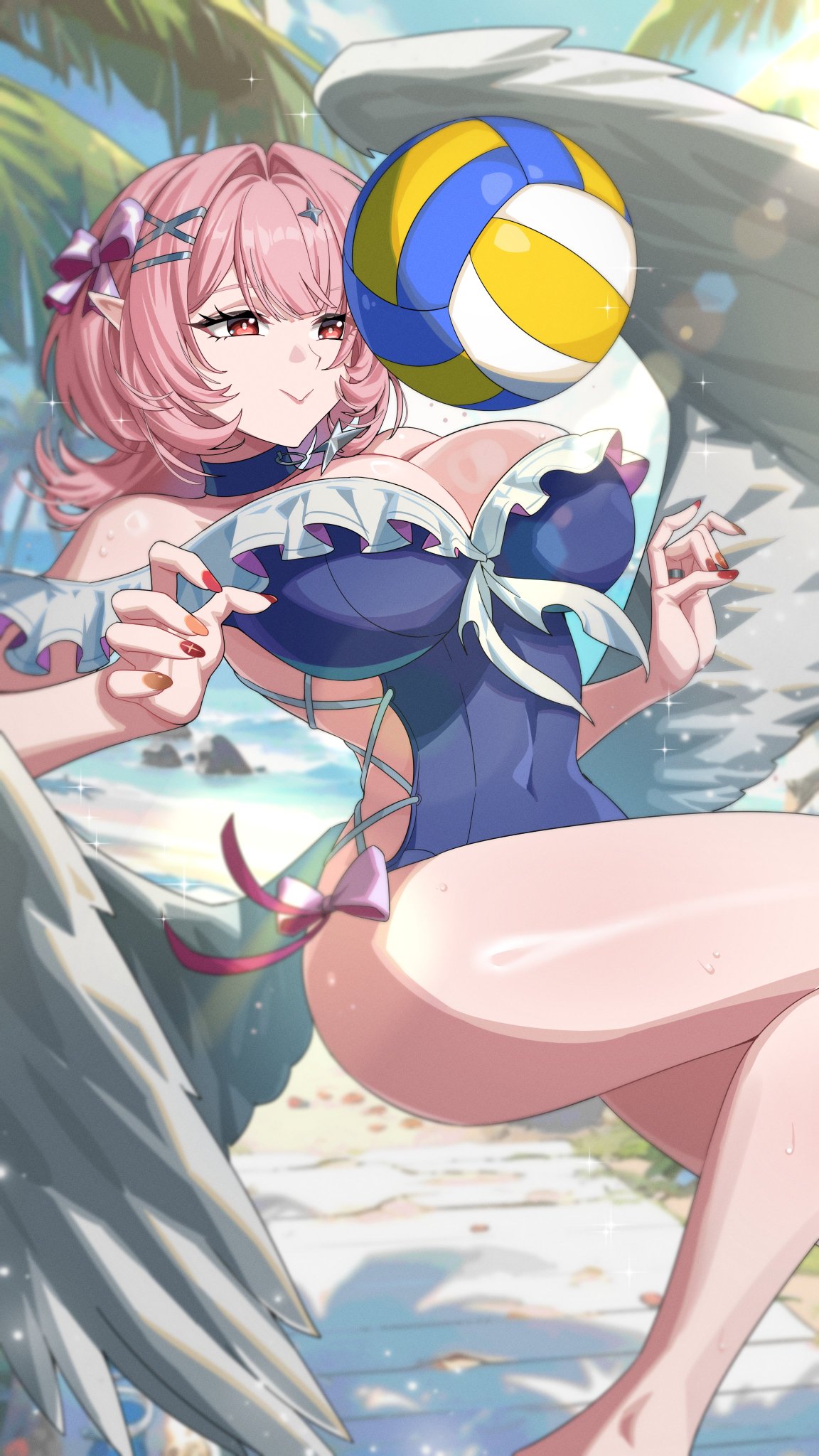1girls, artist request, beach, big breasts, blue swimsuit, breasts, female, hoyoverse, large breasts, long hair, mihoyo, pink hair, purple eyes, remielle dan, remielle dan (dreamland fest), swimsuit, volleyball, white wings, wings, zenless zone zero