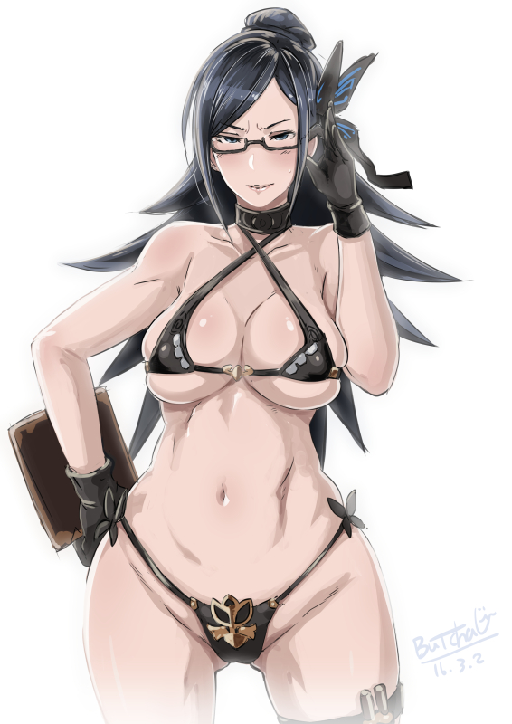 bikini, black hair, breasts, butcha-u, choker, cleavage, eroquis, female, glasses, gloves, hair ornament, large breasts, long hair, priest producer (granblue fantasy), solo, standing