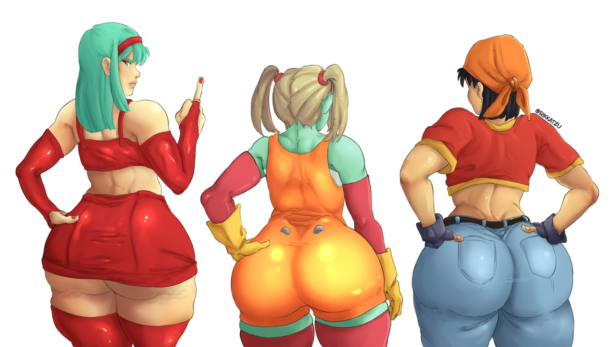 3girls, aged up, ass, back view, big ass, bra (dragon ball), dragon ball, dragon ball daima, dragon ball gt, dragon ball z, fat ass, female, female only, huge ass, pan (dragon ball), panzy (dragon ball daima), rikkatzu